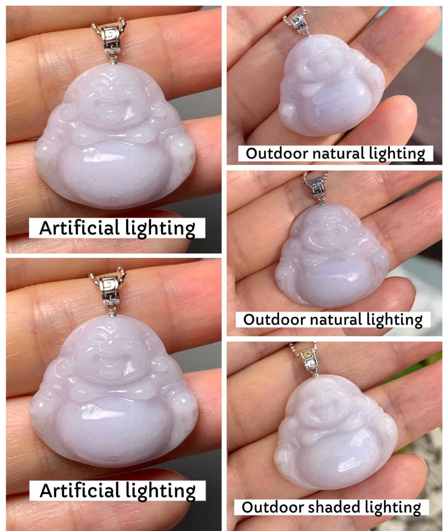 Natural Grade A Icy Translucent White Jadeite Light Purple Undertone Carved Buddha Pendant 18K White Gold Bail 8g 天然细糯白冰紫底翡翠佛公镶嵌吊坠 A