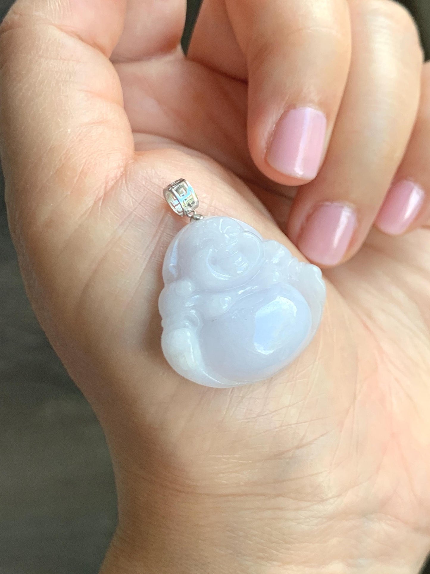 Natural Grade A Icy Translucent White Jadeite Light Purple Undertone Carved Buddha Pendant 18K White Gold Bail 8g 天然细糯白冰紫底翡翠佛公镶嵌吊坠 A