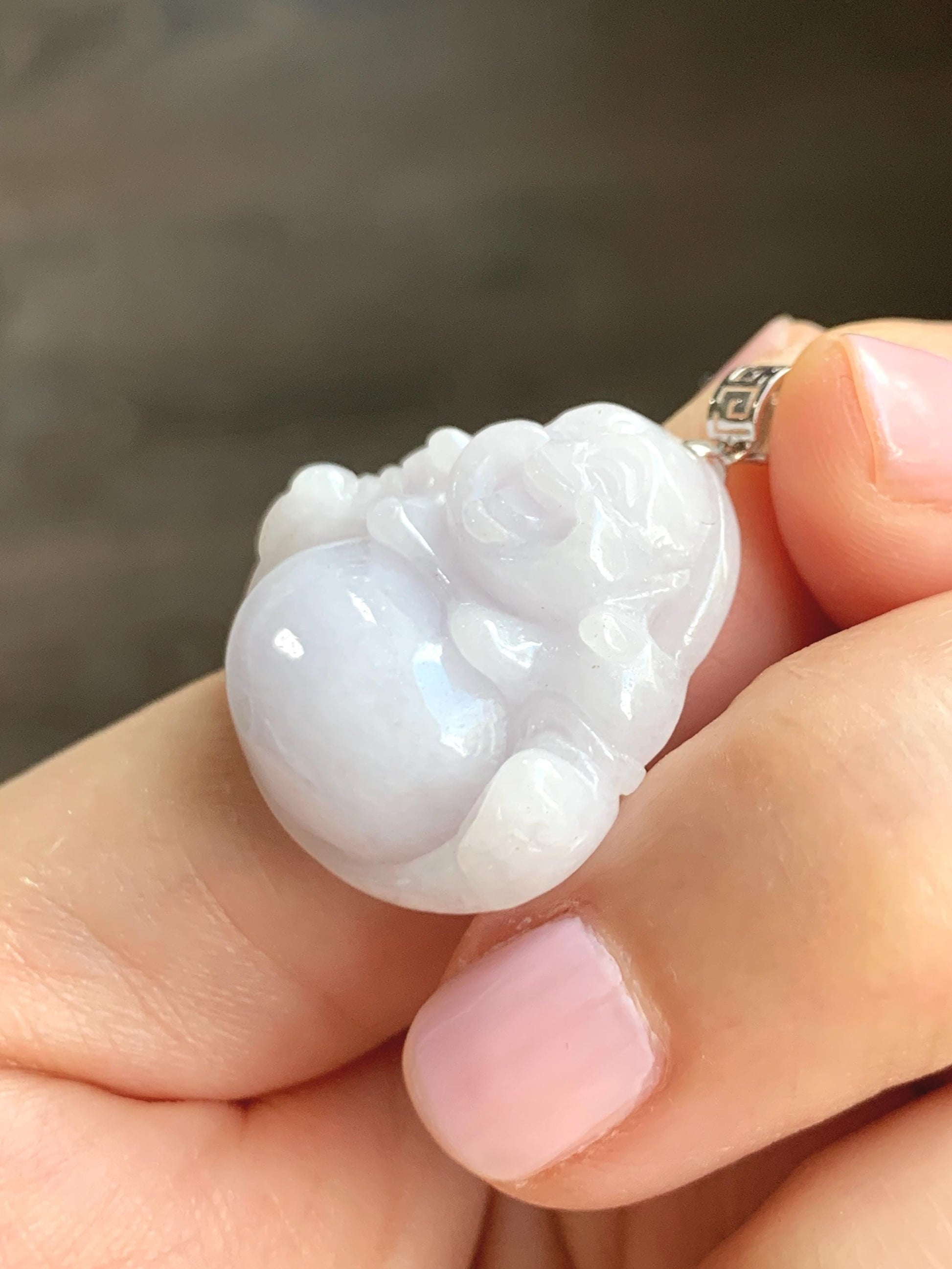 Natural Grade A Icy Translucent White Jadeite Light Purple Undertone Carved Buddha Pendant 18K White Gold Bail 8g 天然细糯白冰紫底翡翠佛公镶嵌吊坠 A