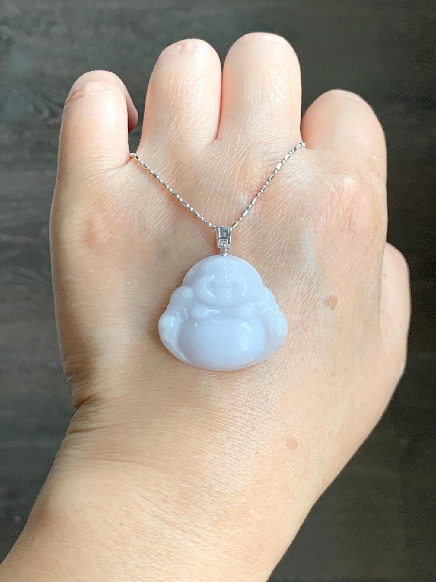 Natural Grade A Icy Translucent White Jadeite Light Purple Undertone Carved Buddha Pendant 18K White Gold Bail 8g 天然细糯白冰紫底翡翠佛公镶嵌吊坠 A