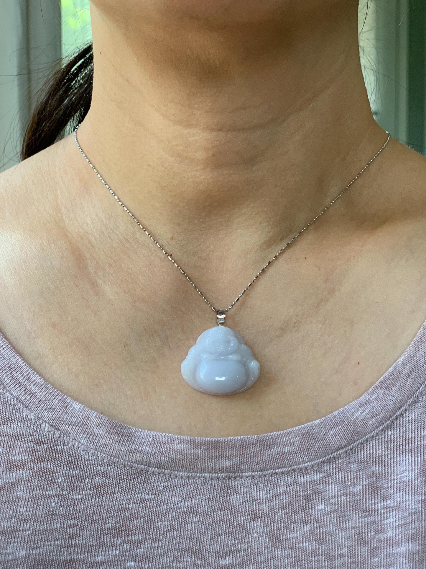 Natural Grade A Icy Translucent White Jadeite Light Purple Undertone Carved Buddha Pendant 18K White Gold Bail 8g 天然细糯白冰紫底翡翠佛公镶嵌吊坠 A
