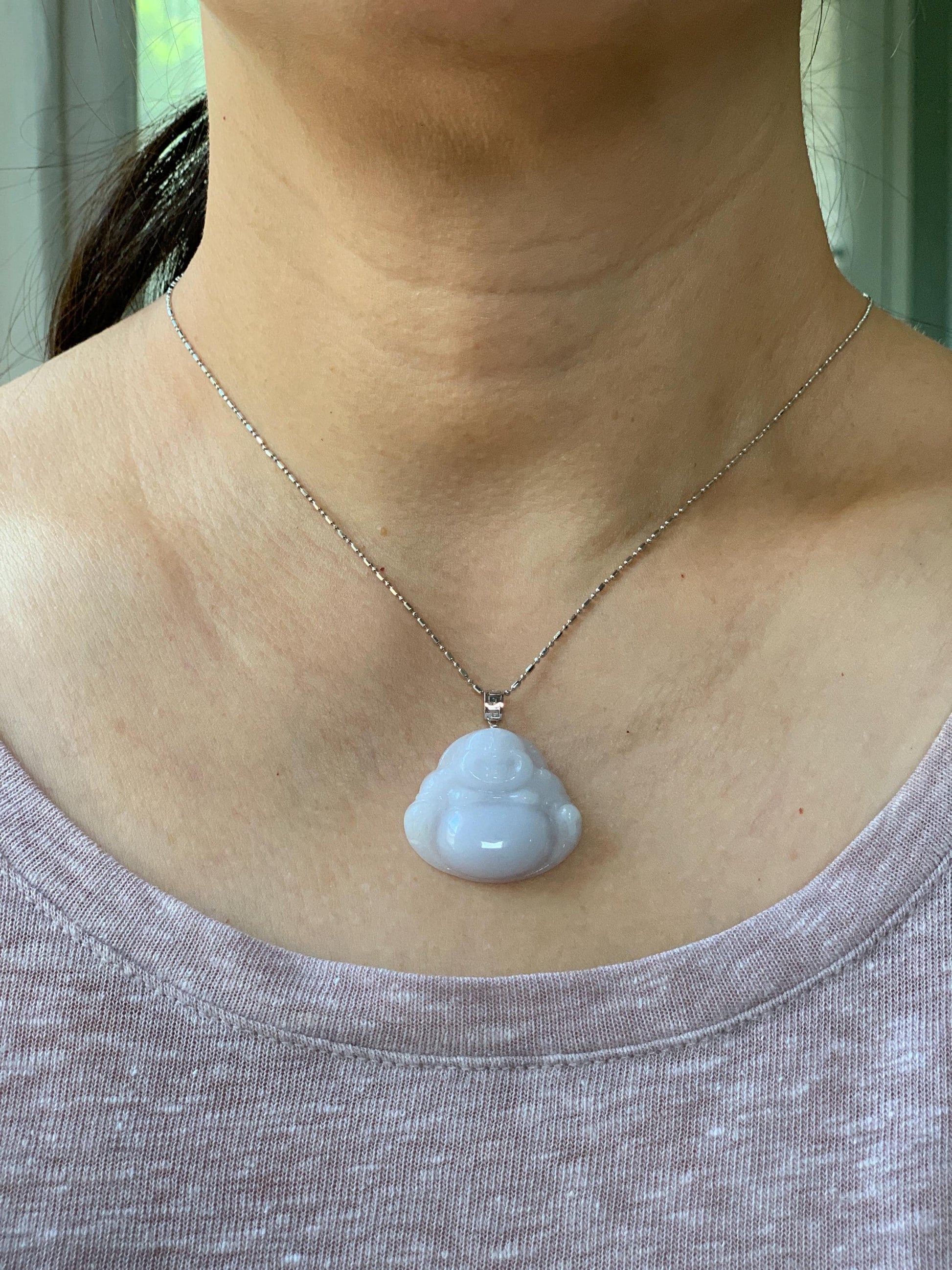 Natural Grade A Icy Translucent White Jadeite Light Purple Undertone Carved Buddha Pendant 18K White Gold Bail 8g 天然细糯白冰紫底翡翠佛公镶嵌吊坠 A