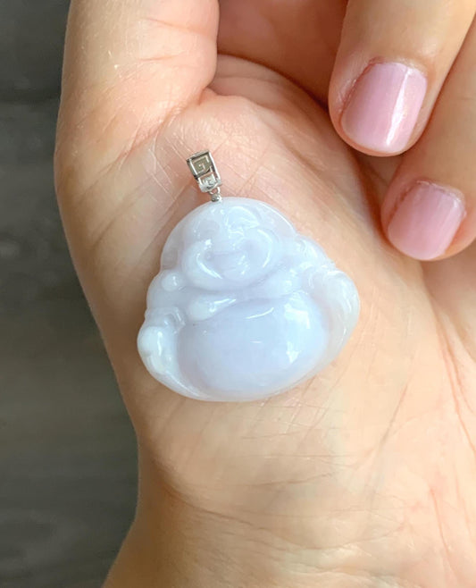 Natural Grade A Icy Translucent White Jadeite Light Purple Undertone Carved Buddha Pendant 18K White Gold Bail 8g 天然细糯白冰紫底翡翠佛公镶嵌吊坠 A
