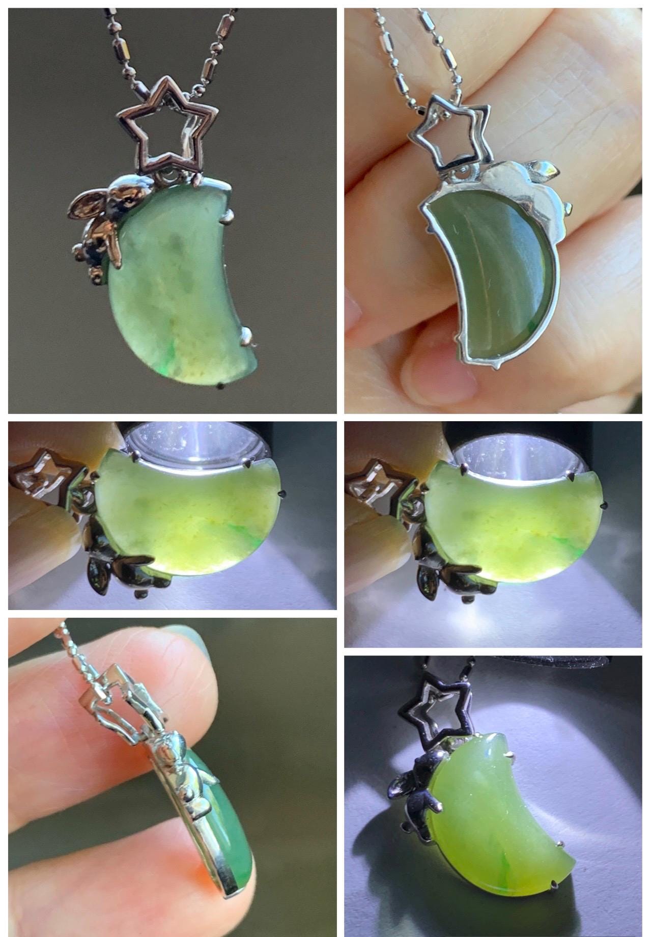Certified Natural Grade A Icy Translucent Olive Green Jade Jadeite Moon Rabbit Pendant Sterling Silver Custom Design 天然冰橄榄绿飘花翡翠月亮小兔镶嵌吊坠 8629