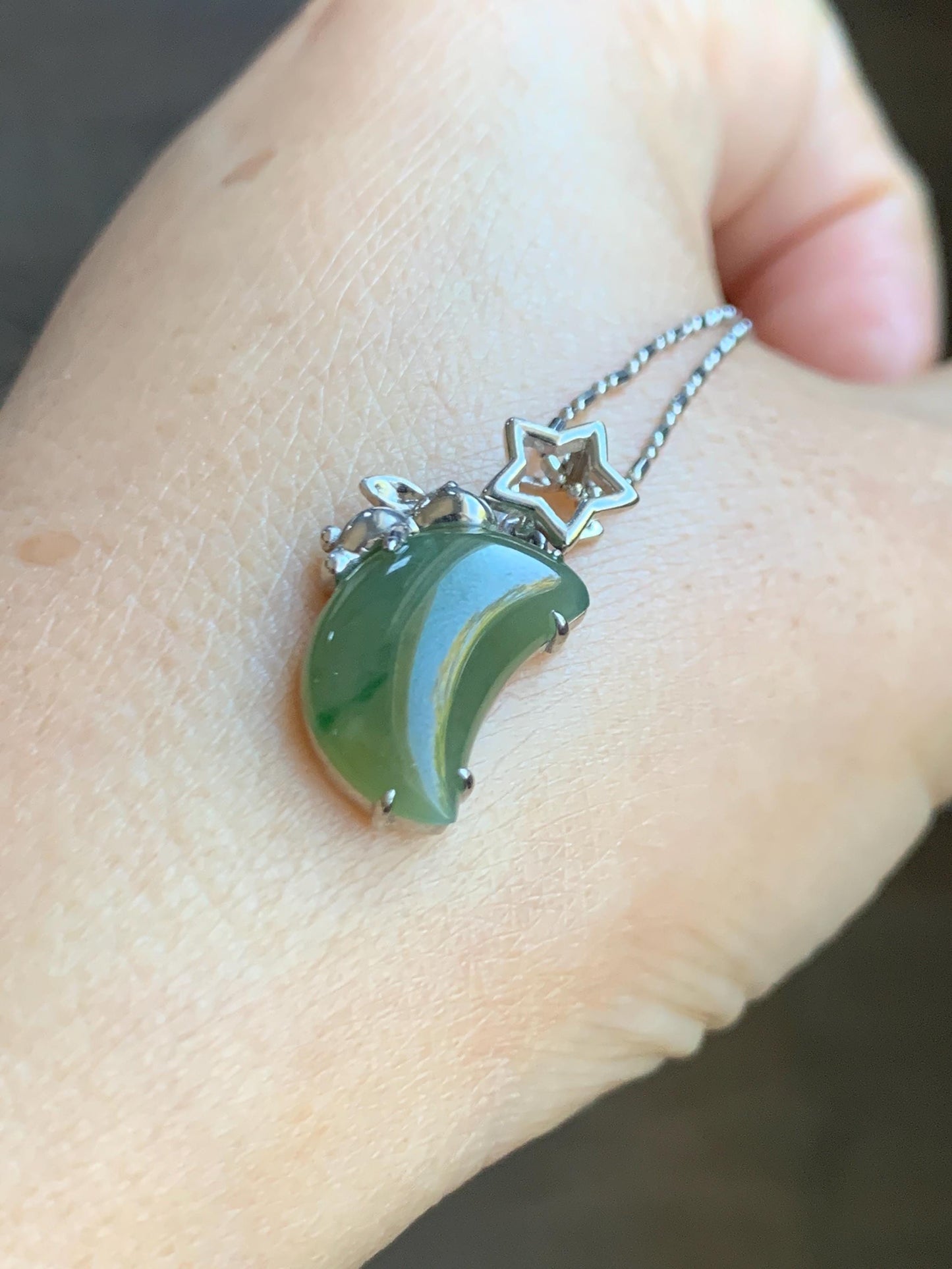 Certified Natural Grade A Icy Translucent Olive Green Jade Jadeite Moon Rabbit Pendant Sterling Silver Custom Design 天然冰橄榄绿飘花翡翠月亮小兔镶嵌吊坠 8629