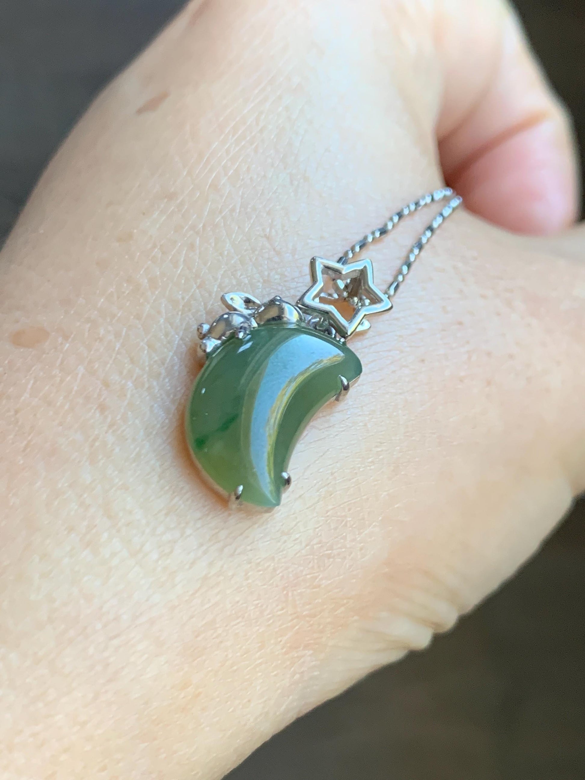 Certified Natural Grade A Icy Translucent Olive Green Jade Jadeite Moon Rabbit Pendant Sterling Silver Custom Design 天然冰橄榄绿飘花翡翠月亮小兔镶嵌吊坠 8629