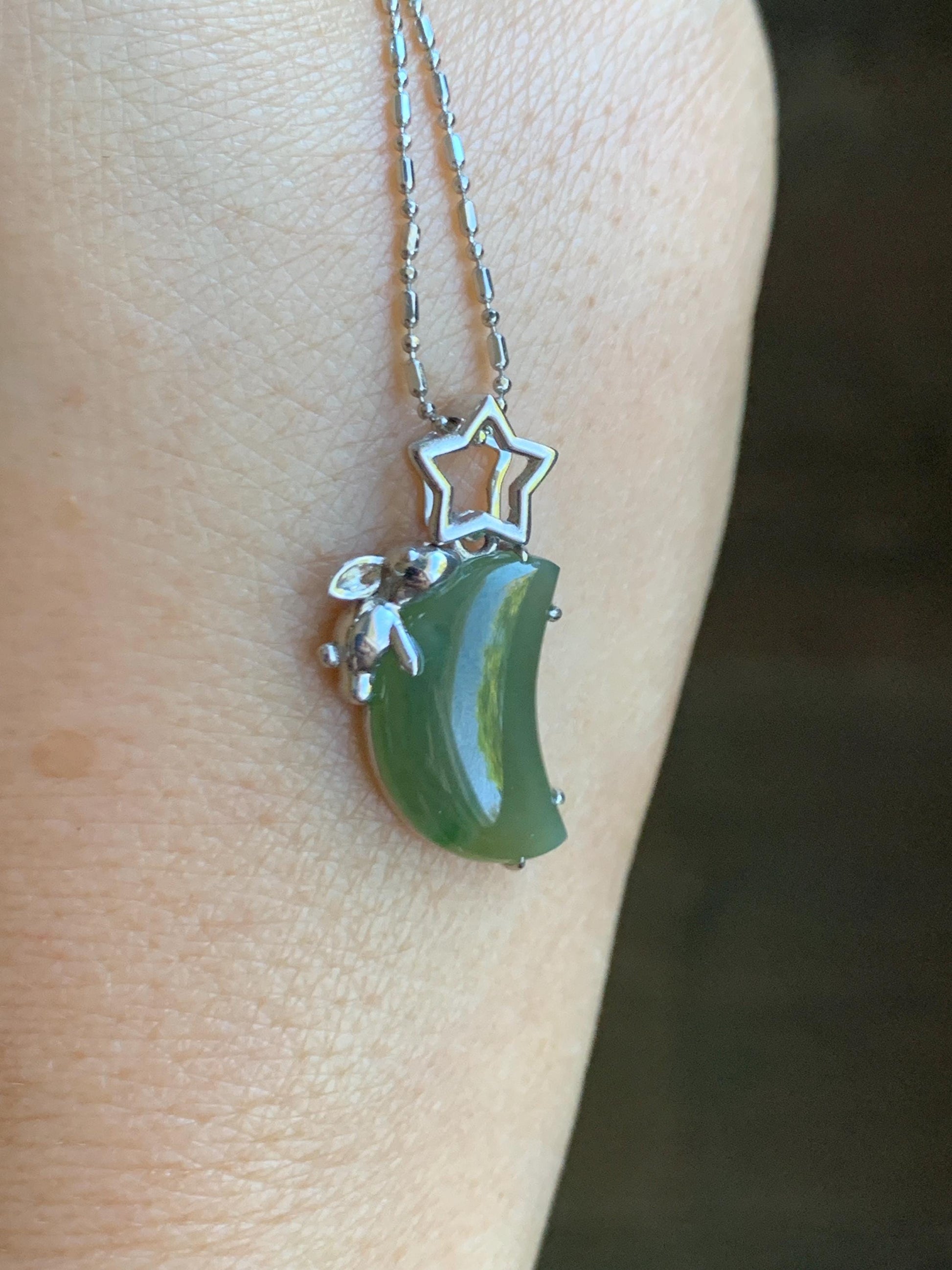 Certified Natural Grade A Icy Translucent Olive Green Jade Jadeite Moon Rabbit Pendant Sterling Silver Custom Design 天然冰橄榄绿飘花翡翠月亮小兔镶嵌吊坠 8629