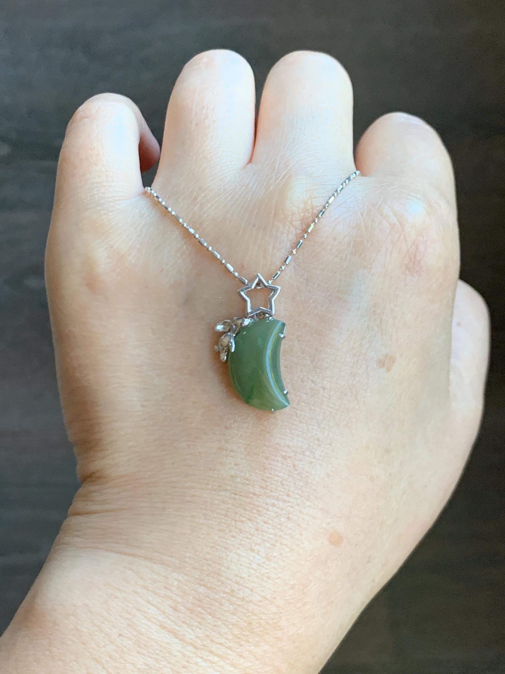 Certified Natural Grade A Icy Translucent Olive Green Jade Jadeite Moon Rabbit Pendant Sterling Silver Custom Design 天然冰橄榄绿飘花翡翠月亮小兔镶嵌吊坠 8629