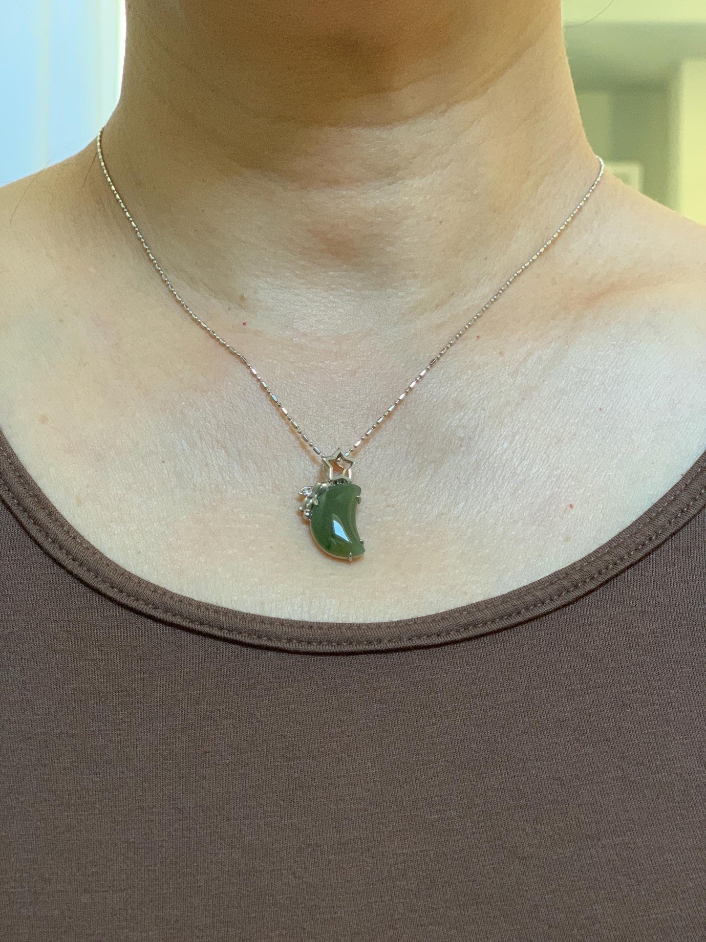 Certified Natural Grade A Icy Translucent Olive Green Jade Jadeite Moon Rabbit Pendant Sterling Silver Custom Design 天然冰橄榄绿飘花翡翠月亮小兔镶嵌吊坠 8629
