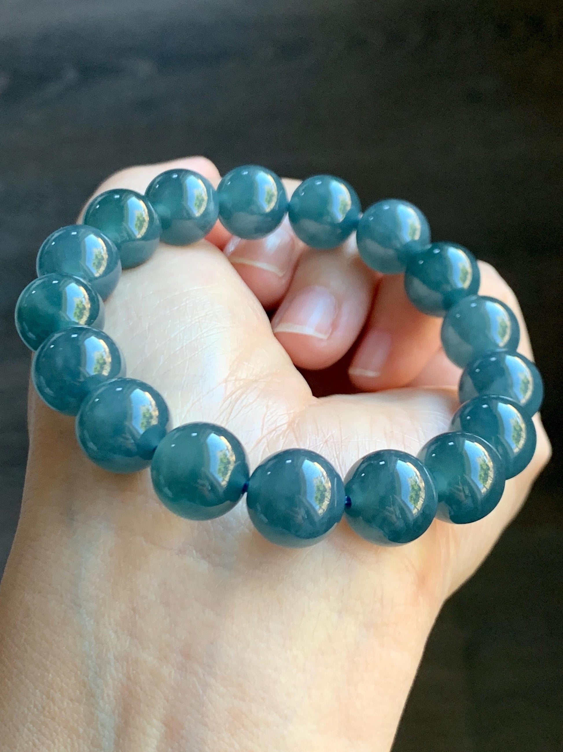 Certified Natural Grade A Guatemalan Icy Translucent Dark Blueberry Jade Jadeite Beaded Bracelet 11.8mm 7.4” 48.69g 天然冰胶危蓝莓紫翡翠圆珠手串 764