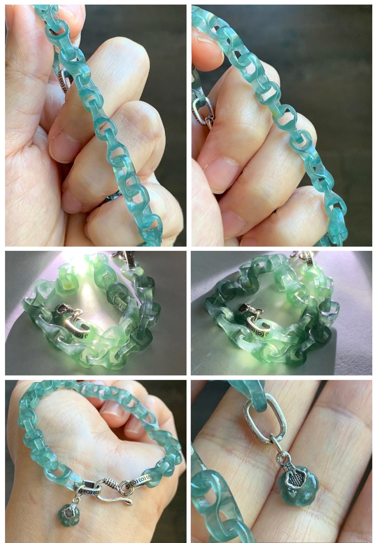 Certified Natural Guatemalan Icy Teal Green Jade Jadeite Interlocking Dragon Bone Links Bracelet Sterling Silver 7.75” 天然冰胶危蓝绿翡翠龙骨链手链 747