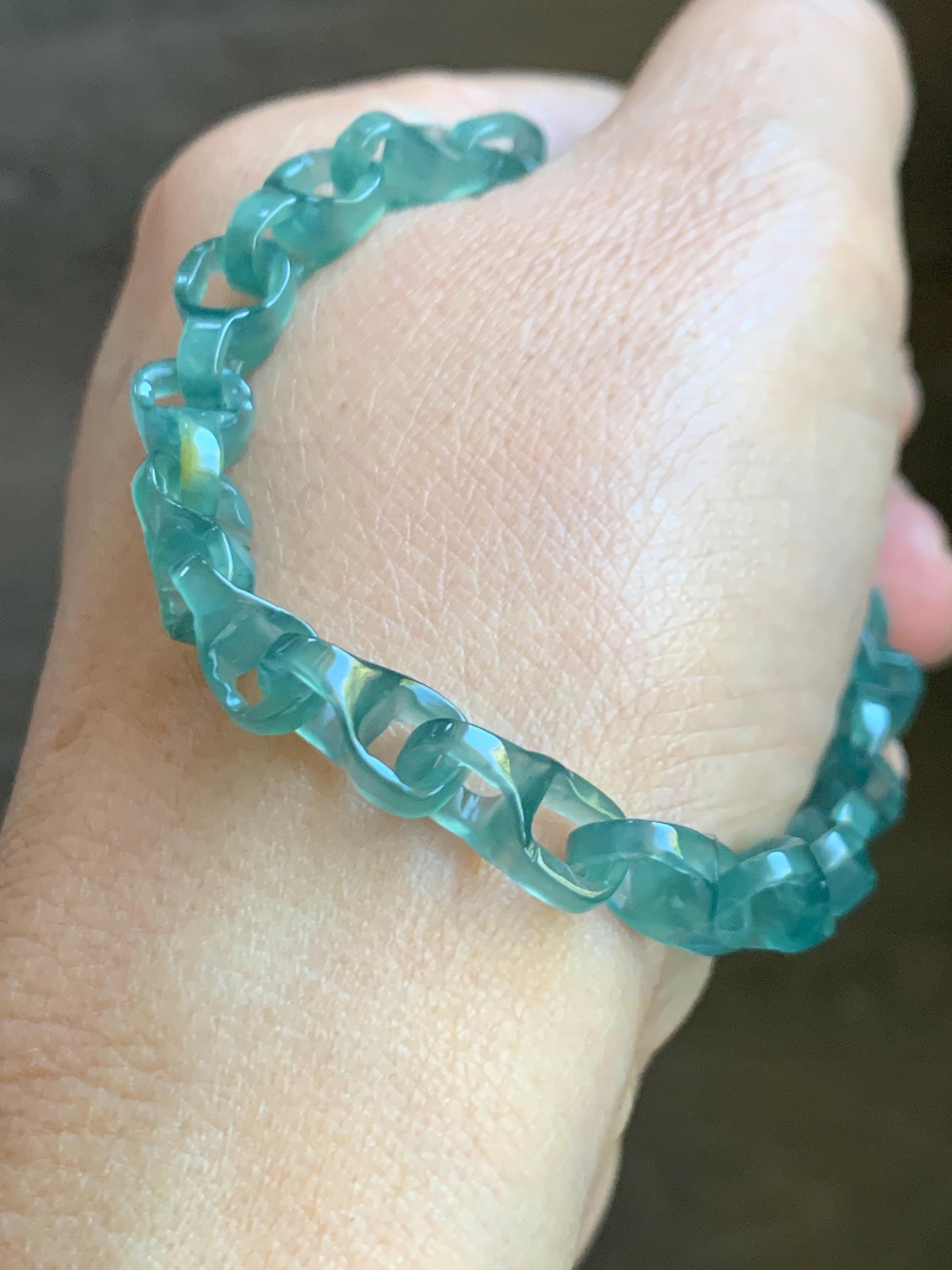 Certified Natural Guatemalan Icy Teal Green Jade Jadeite Interlocking Dragon Bone Links Bracelet Sterling Silver 7.75” 天然冰胶危蓝绿翡翠龙骨链手链 747