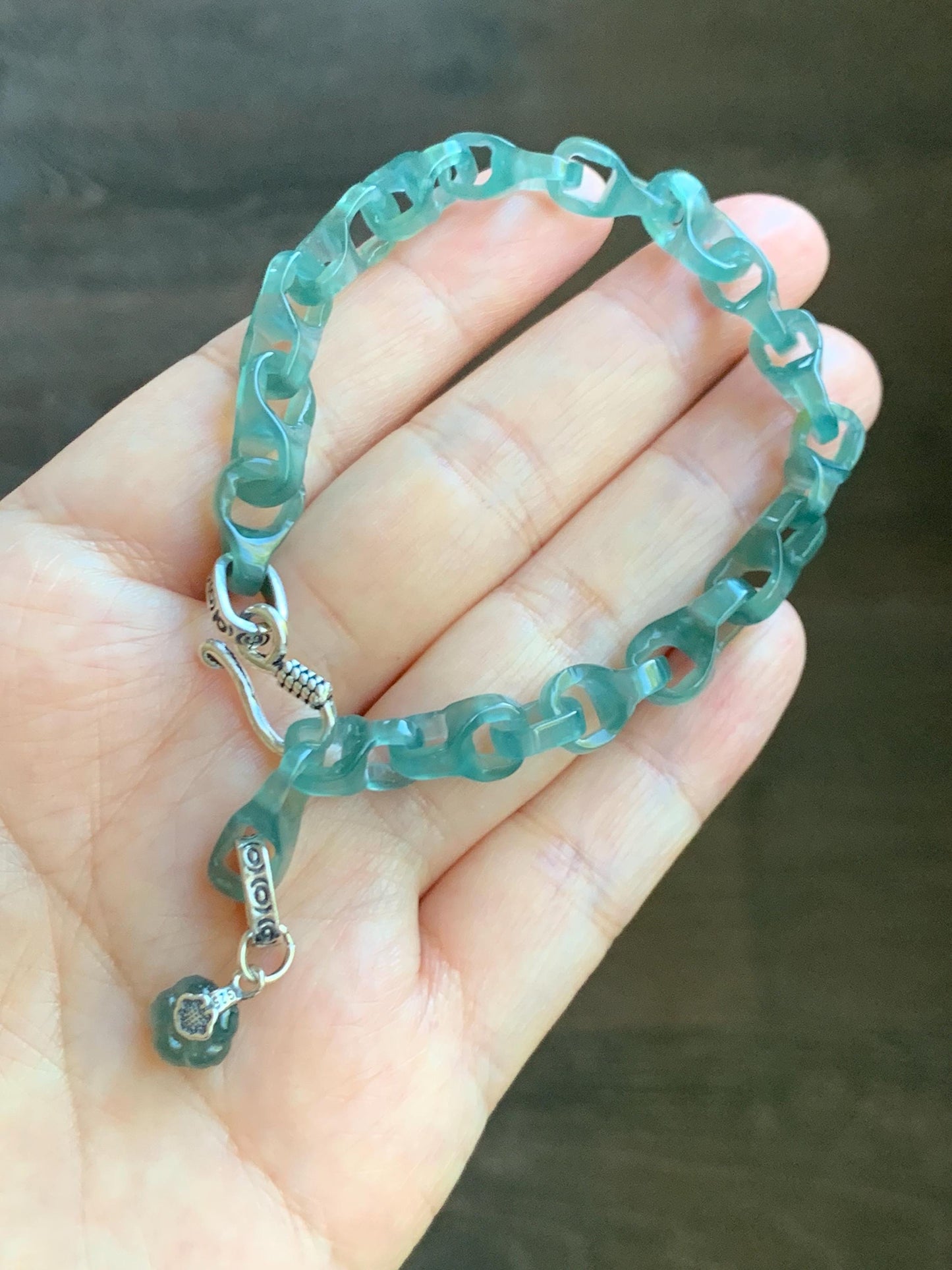 Certified Natural Guatemalan Icy Teal Green Jade Jadeite Interlocking Dragon Bone Links Bracelet Sterling Silver 7.75” 天然冰胶危蓝绿翡翠龙骨链手链 747