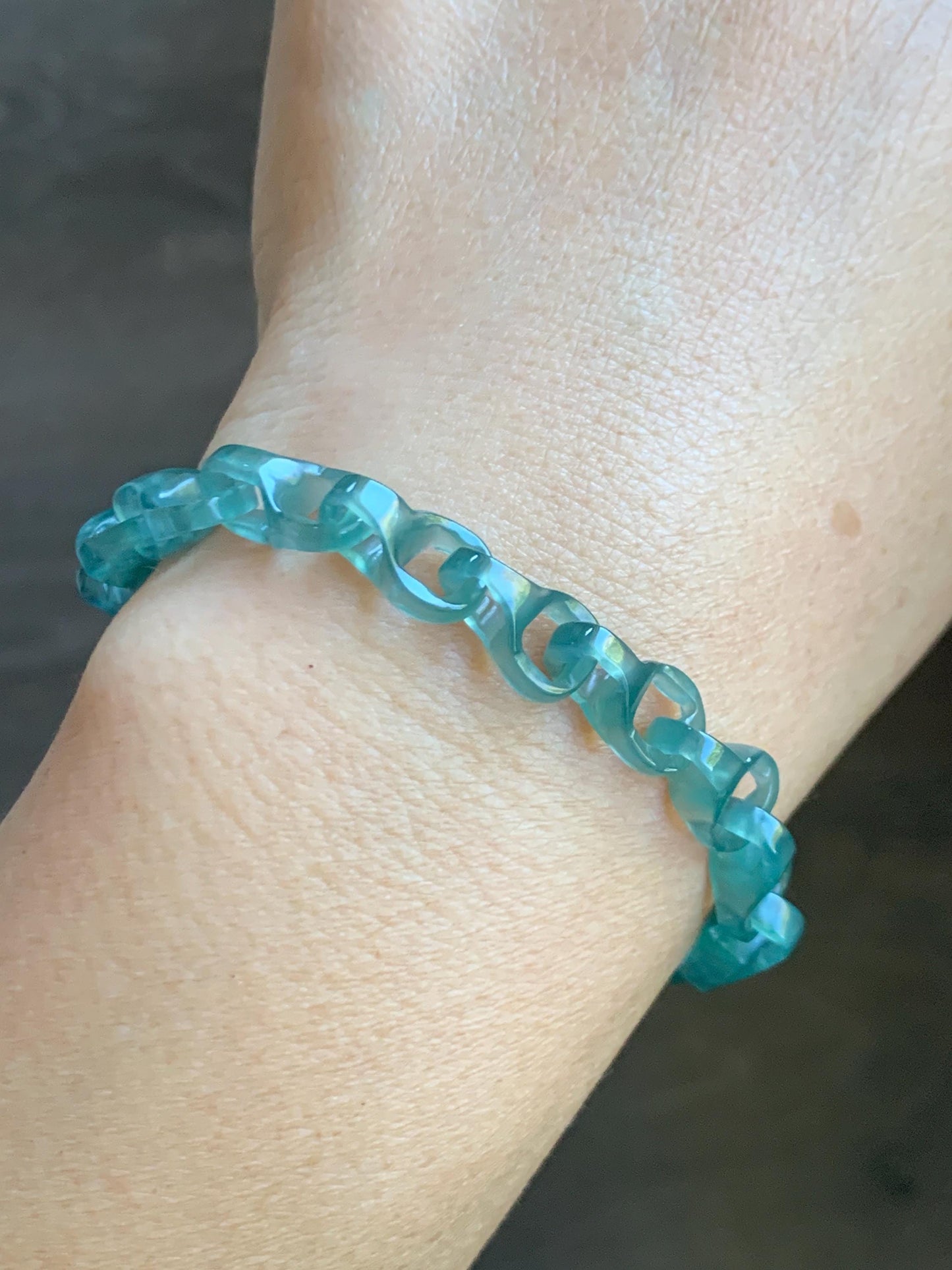 Certified Natural Guatemalan Icy Teal Green Jade Jadeite Interlocking Dragon Bone Links Bracelet Sterling Silver 7.75” 天然冰胶危蓝绿翡翠龙骨链手链 747