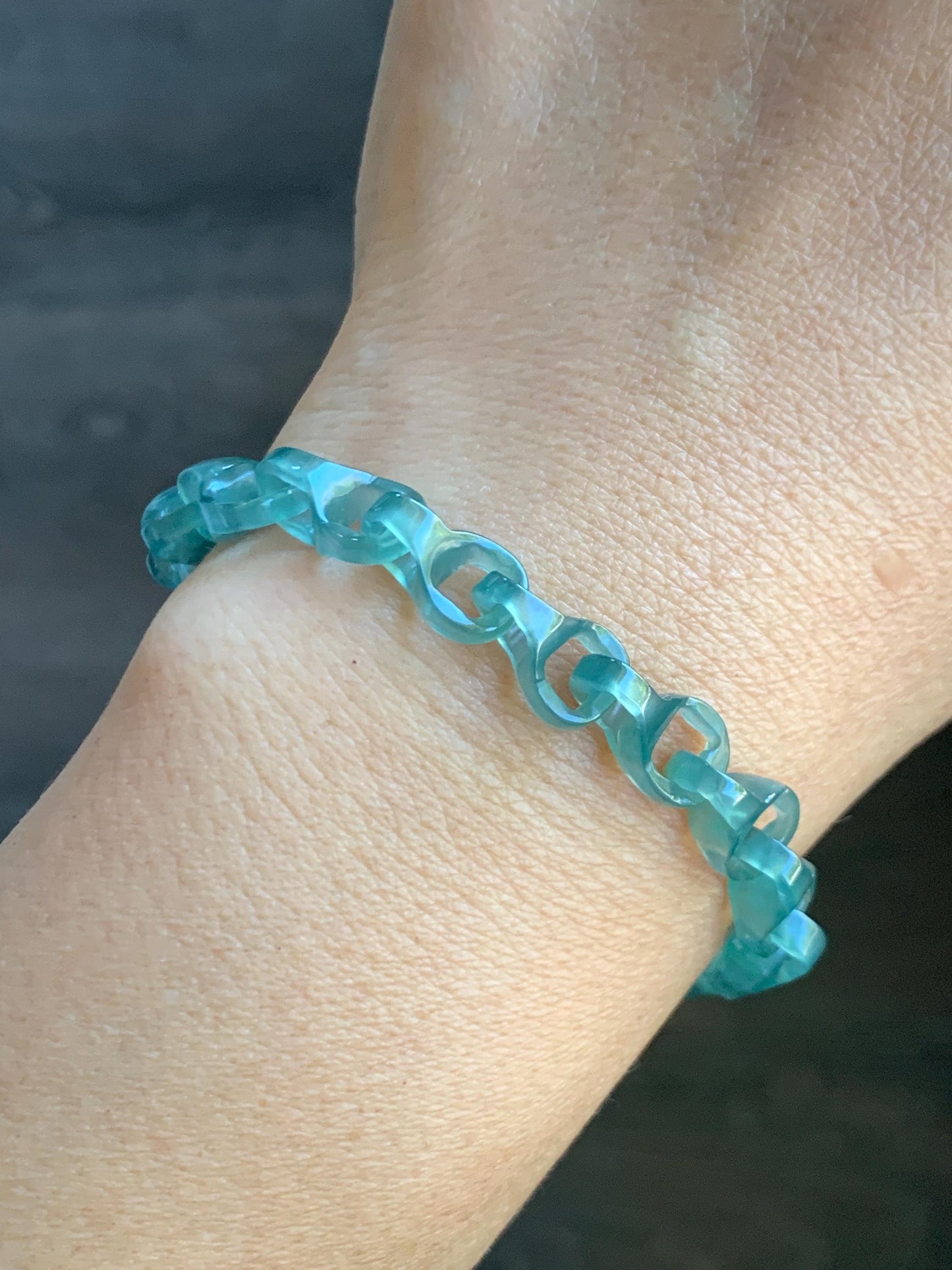 Certified Natural Guatemalan Icy Teal Green Jade Jadeite Interlocking Dragon Bone Links Bracelet Sterling Silver 7.75” 天然冰胶危蓝绿翡翠龙骨链手链 747