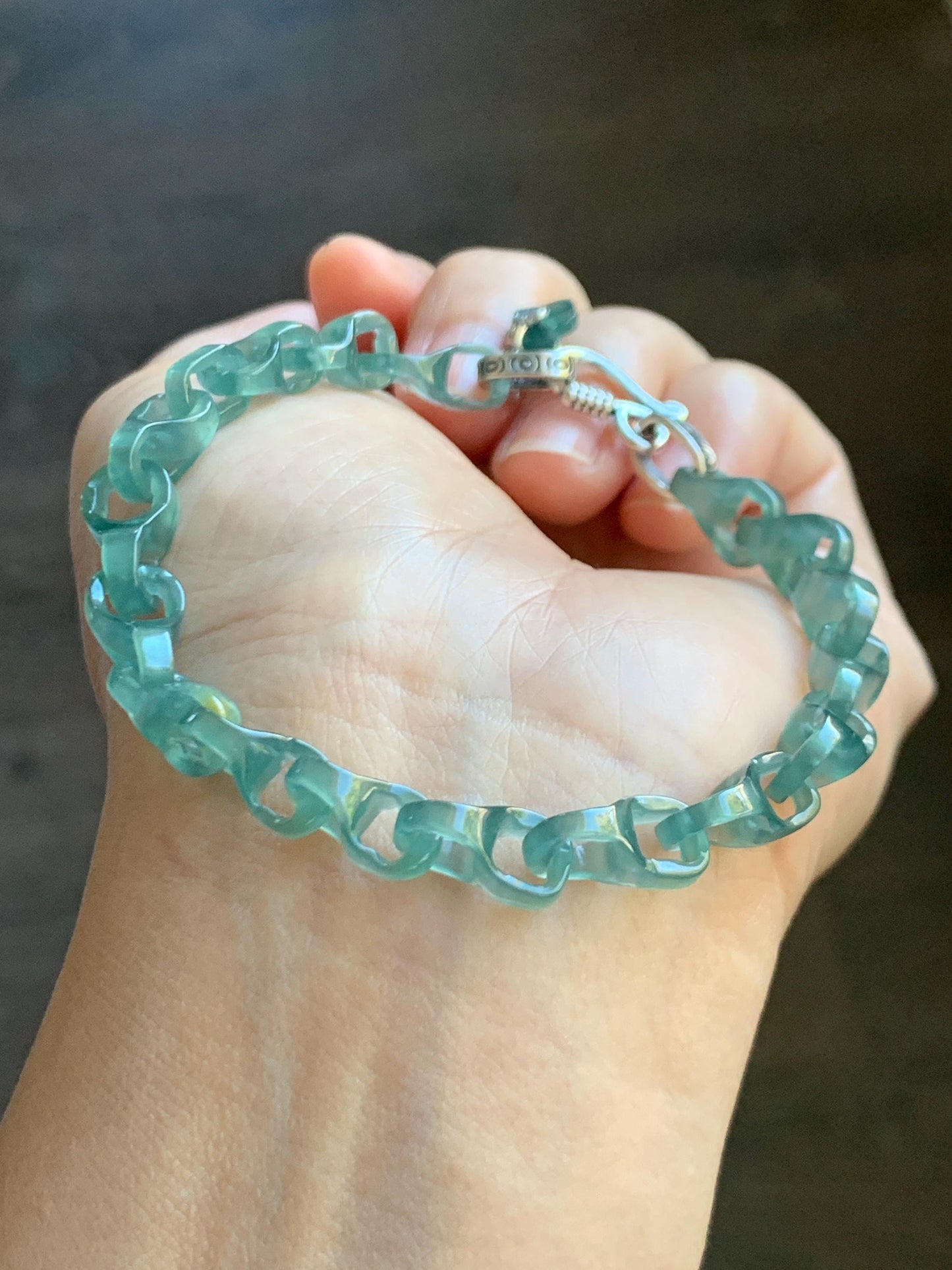 Certified Natural Guatemalan Icy Teal Green Jade Jadeite Interlocking Dragon Bone Links Bracelet Sterling Silver 7.75” 天然冰胶危蓝绿翡翠龙骨链手链 747