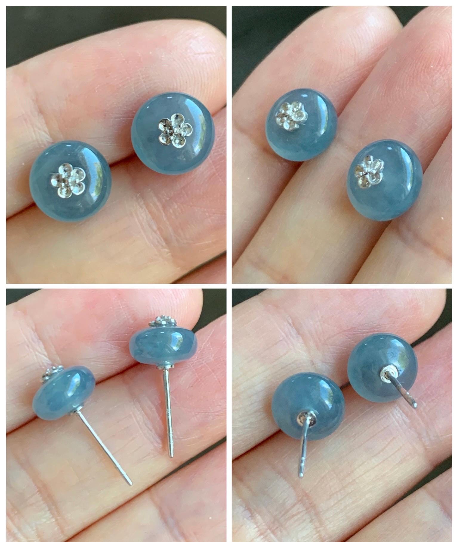 Certified Grade A Natural Guatemalan Icy Translucent Blue Jade Jadeite Drum Bead Stud Earrings 18K White Gold 2.11g 天然冰危蓝水翡翠鼓珠K金镶嵌耳钉 1643