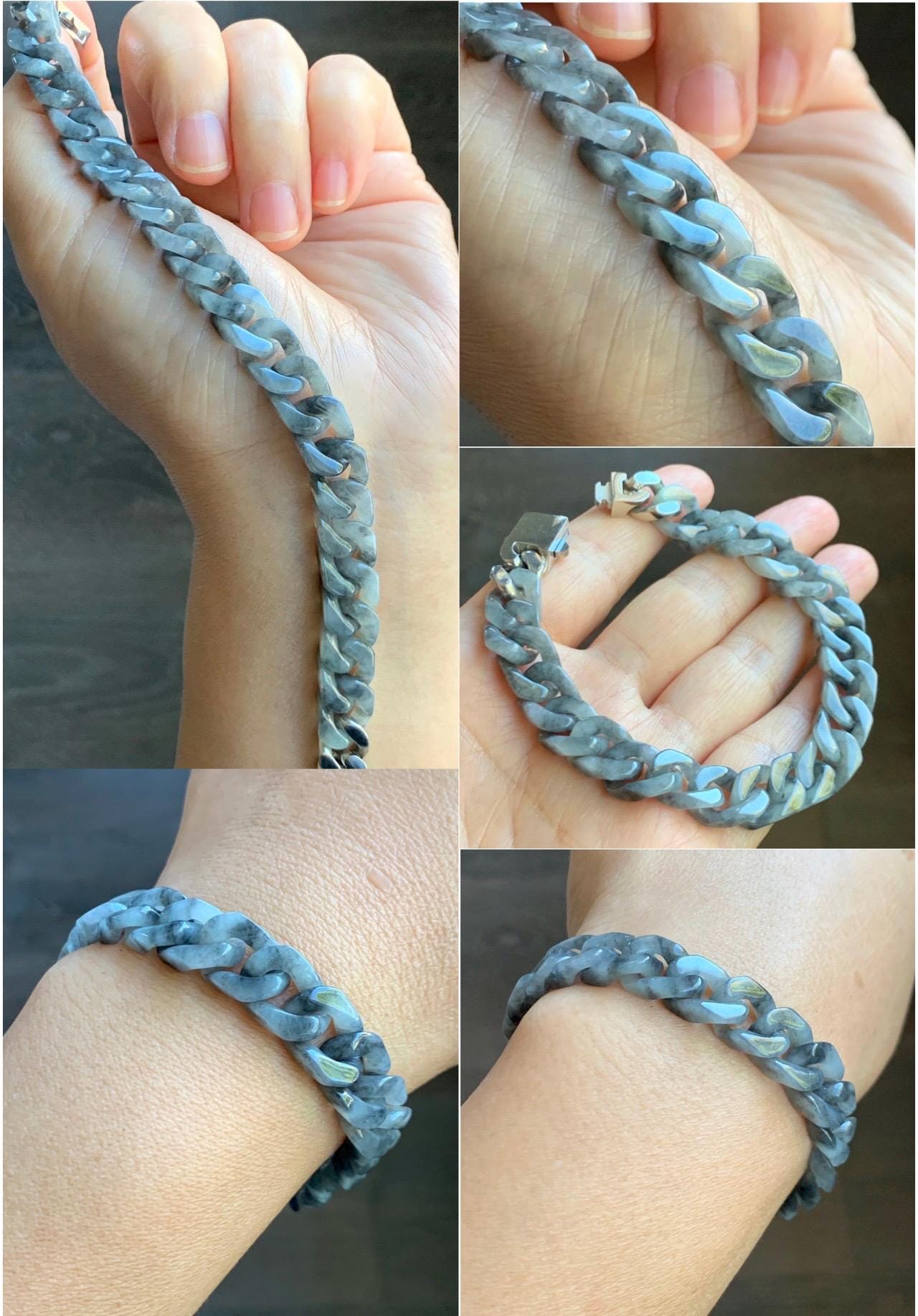 Certified Natural Grade A Icy Translucent Wuji Jade Jadeite Carved Curb Link Chain Bracelet Stainless Steel 7.5” 22g 天然冰乌鸡翡翠古巴链手链 750