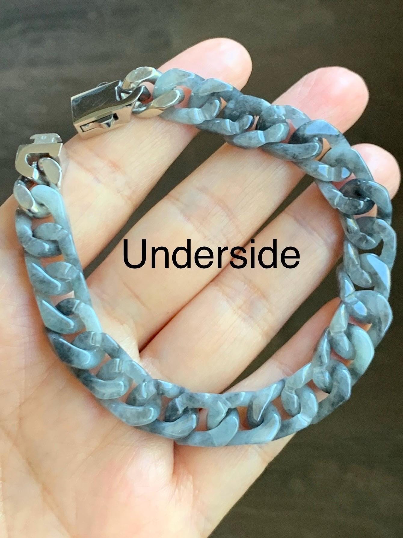 Certified Natural Grade A Icy Translucent Wuji Jade Jadeite Carved Curb Link Chain Bracelet Stainless Steel 7.5” 22g 天然冰乌鸡翡翠古巴链手链 750