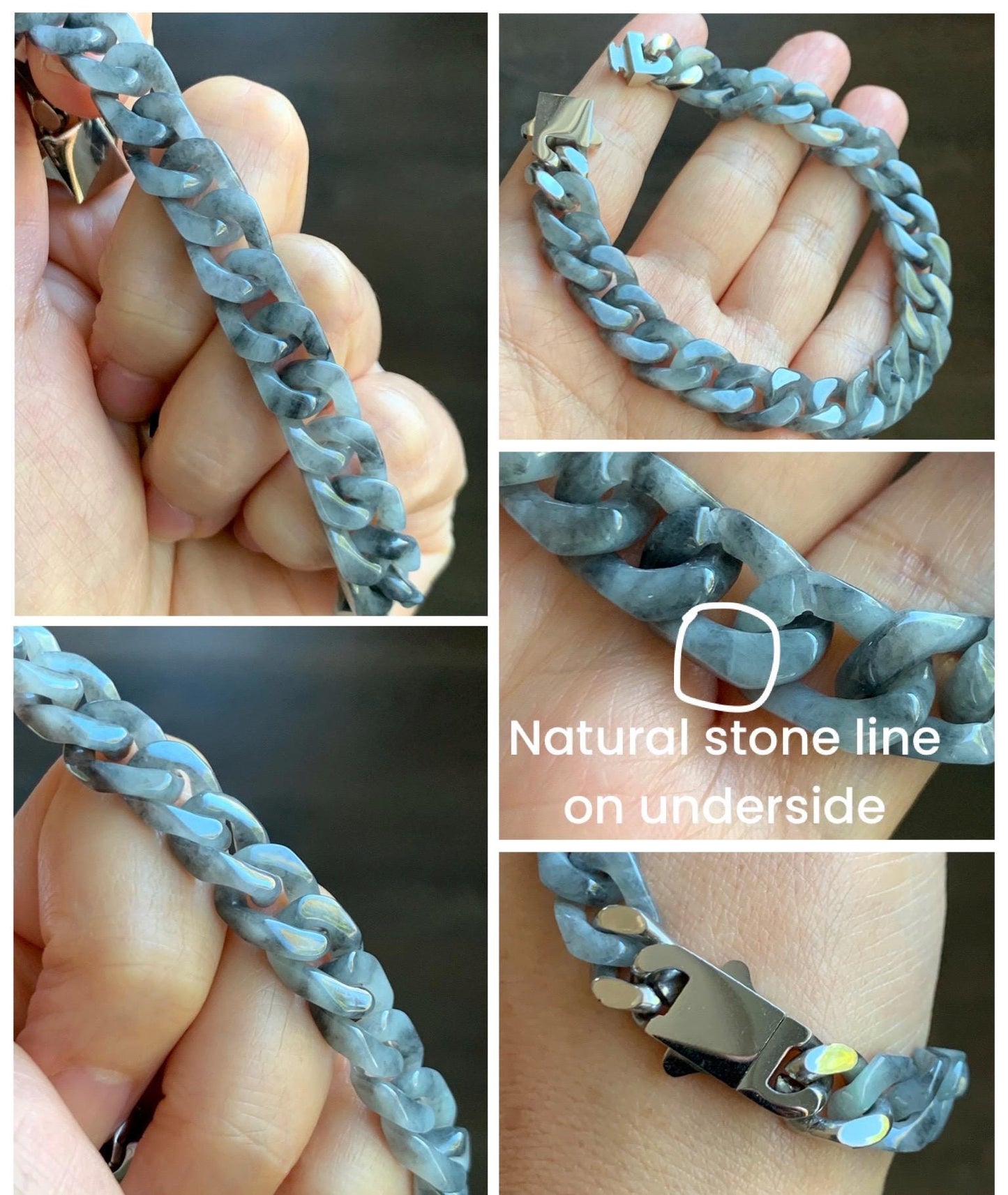 Certified Natural Grade A Icy Translucent Wuji Jade Jadeite Carved Curb Link Chain Bracelet Stainless Steel 7.5” 22g 天然冰乌鸡翡翠古巴链手链 750