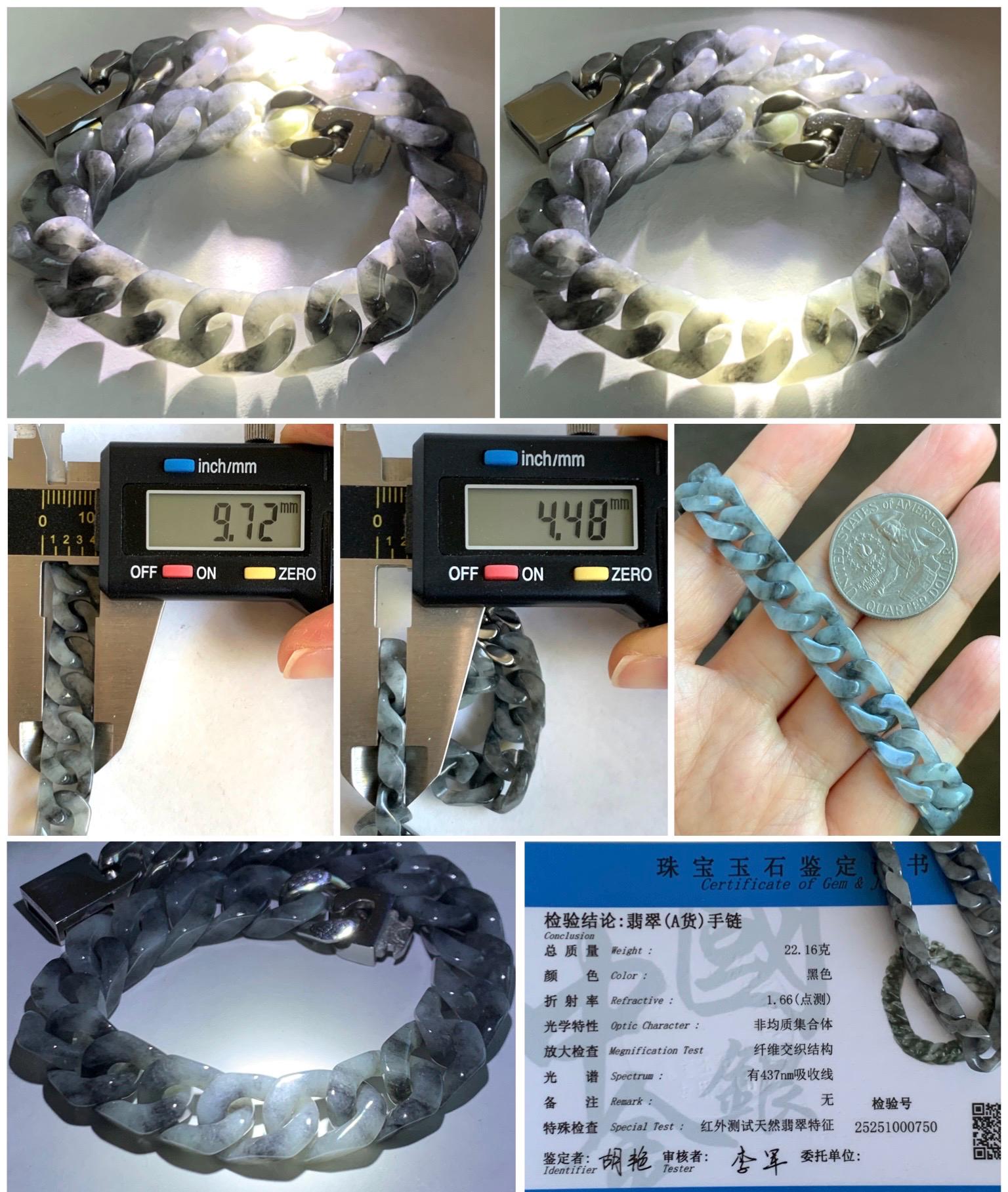 Certified Natural Grade A Icy Translucent Wuji Jade Jadeite Carved Curb Link Chain Bracelet Stainless Steel 7.5” 22g 天然冰乌鸡翡翠古巴链手链 750