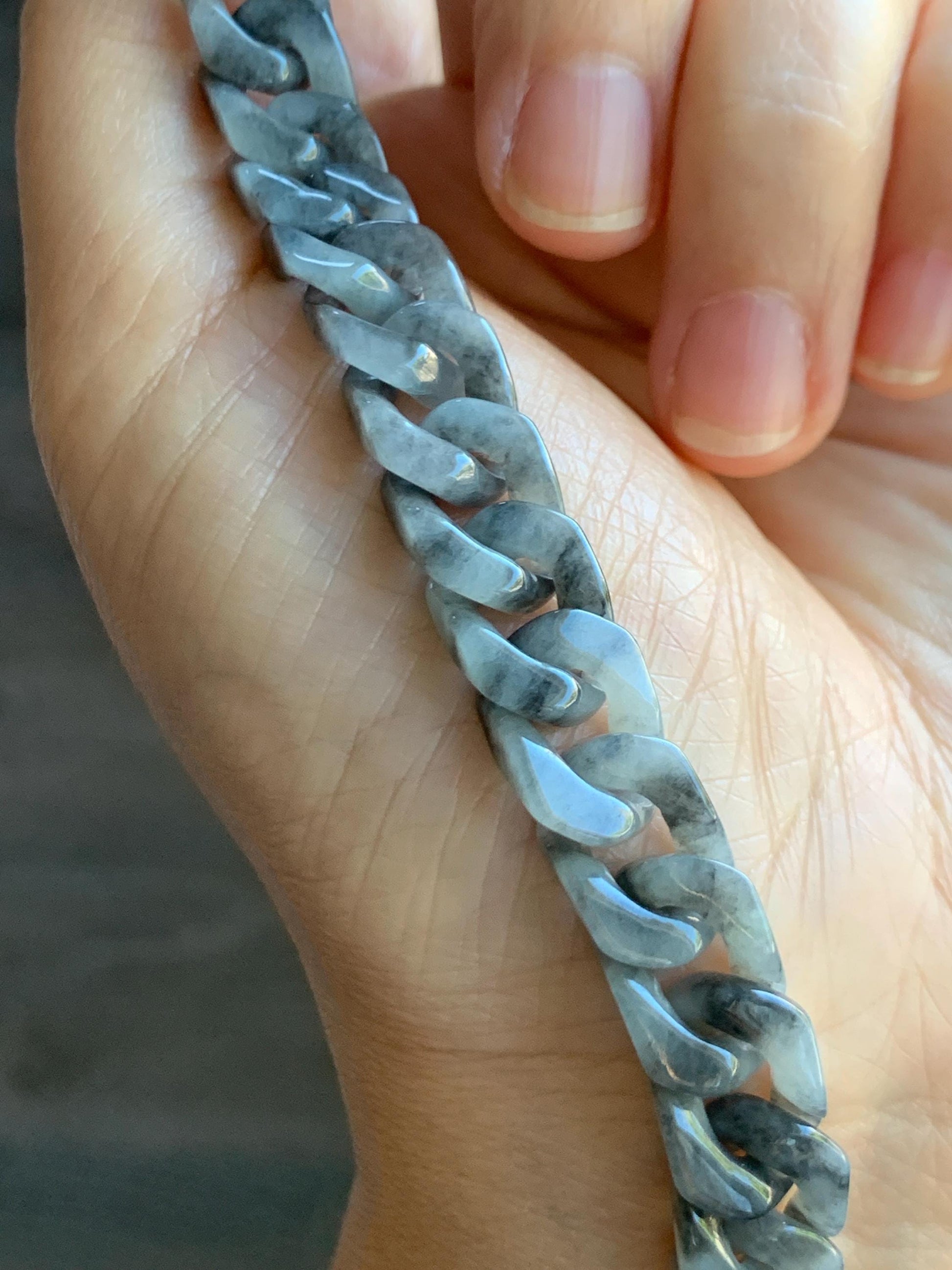 Certified Natural Grade A Icy Translucent Wuji Jade Jadeite Carved Curb Link Chain Bracelet Stainless Steel 7.5” 22g 天然冰乌鸡翡翠古巴链手链 750