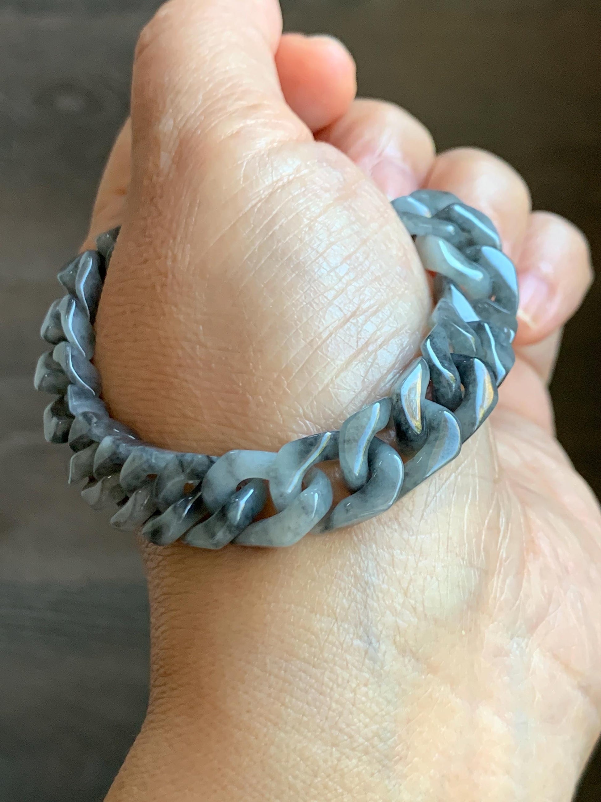 Certified Natural Grade A Icy Translucent Wuji Jade Jadeite Carved Curb Link Chain Bracelet Stainless Steel 7.5” 22g 天然冰乌鸡翡翠古巴链手链 750