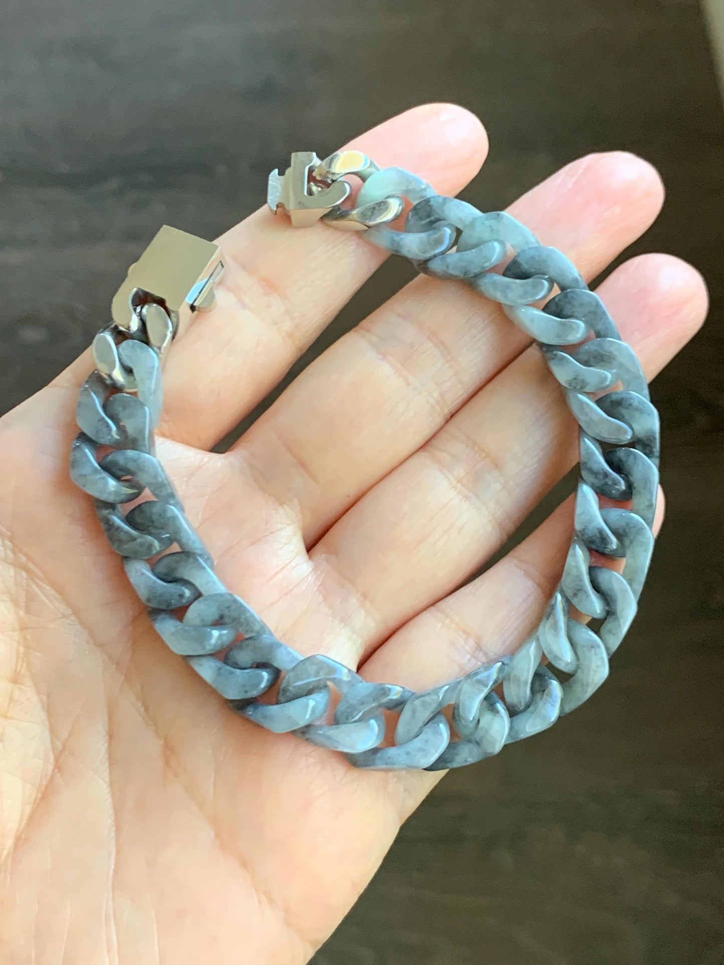 Certified Natural Grade A Icy Translucent Wuji Jade Jadeite Carved Curb Link Chain Bracelet Stainless Steel 7.5” 22g 天然冰乌鸡翡翠古巴链手链 750