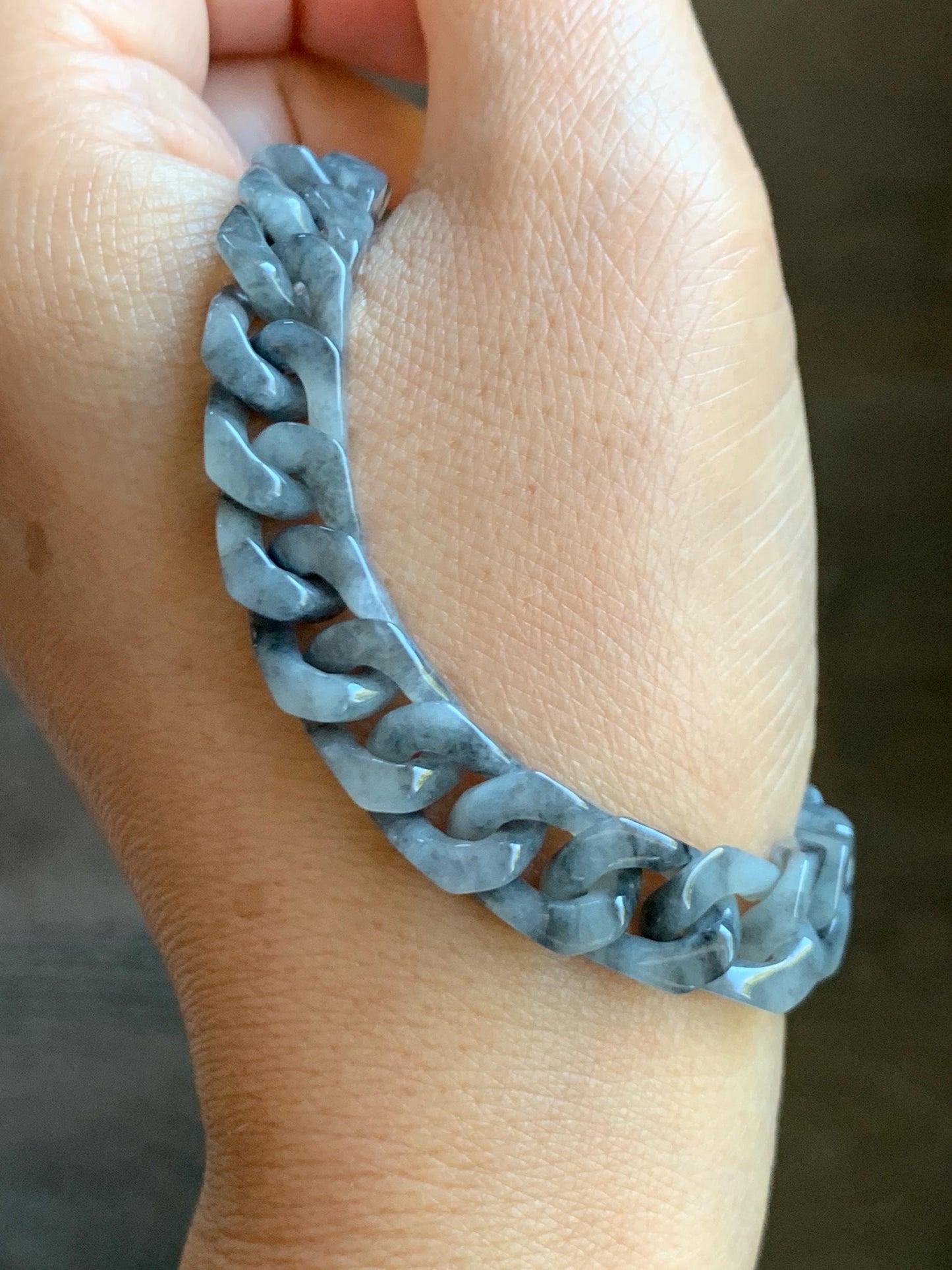 Certified Natural Grade A Icy Translucent Wuji Jade Jadeite Carved Curb Link Chain Bracelet Stainless Steel 7.5” 22g 天然冰乌鸡翡翠古巴链手链 750