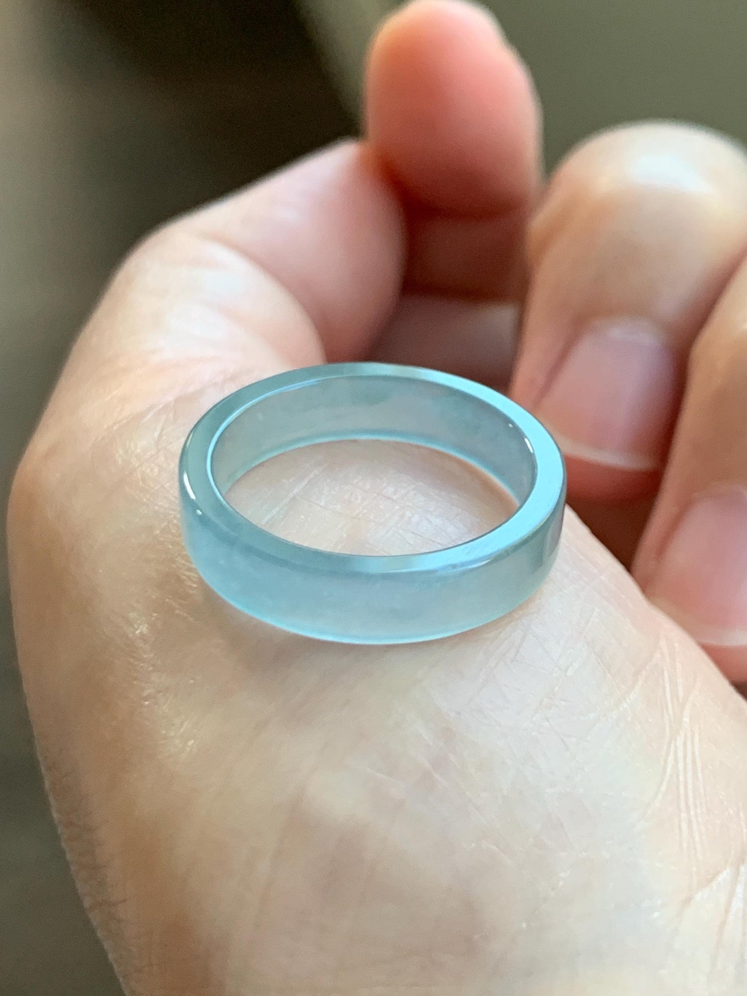 Natural Grade A Guatemalan Icy Highly Translucent Light Teal Blue Jade Jadeite Square Edged Band Ring Size 8 US 天然冰危浅蓝翡翠角戒戒圈 WLJ55