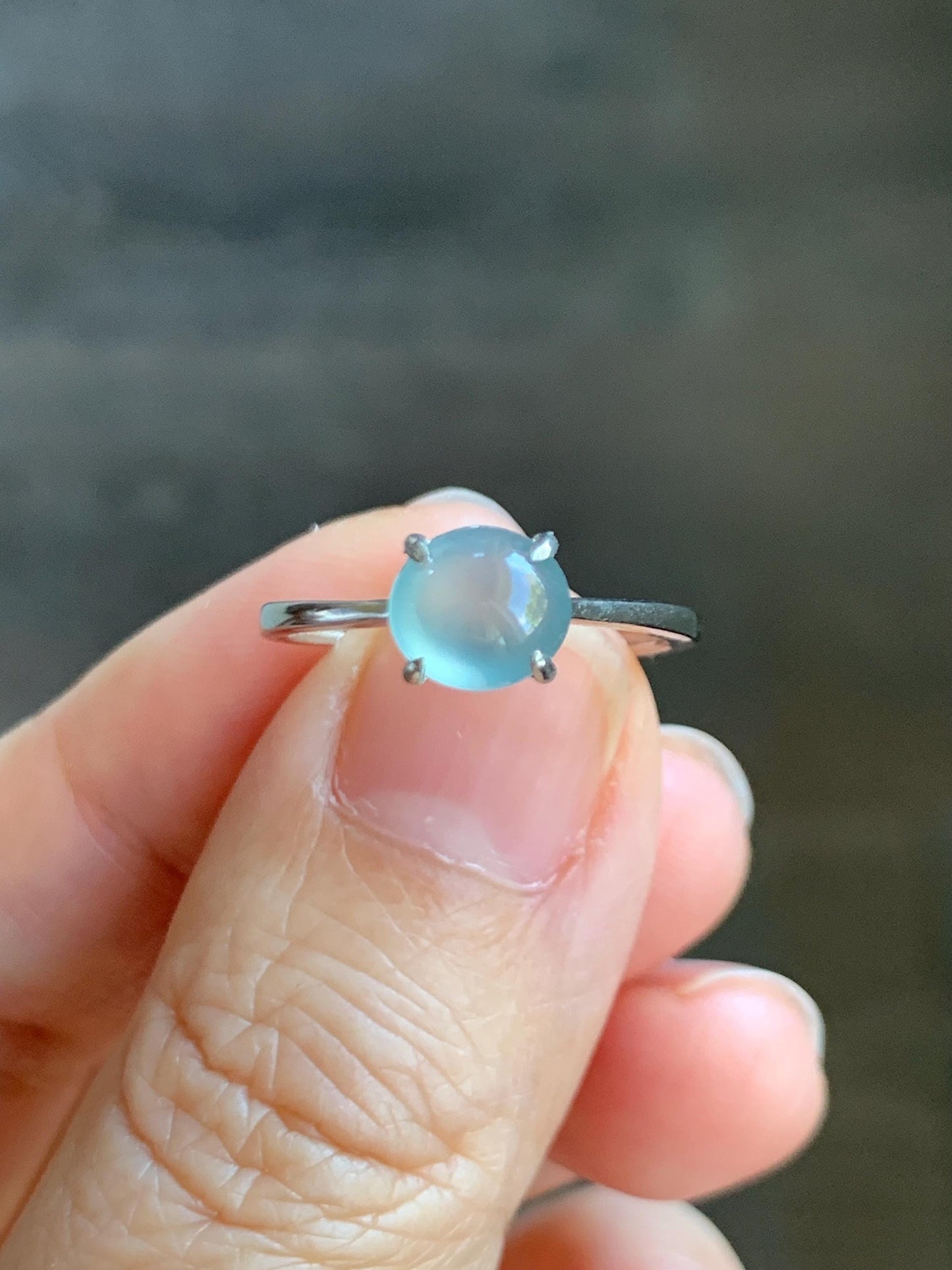 Natural Grade A Guatemalan Icy Highly Translucent Light Blue Jade Jadeite Solitaire Ring Sterling Silver Size Adjustable 天然高冰危蓝翡翠银镶戒指 GBL88