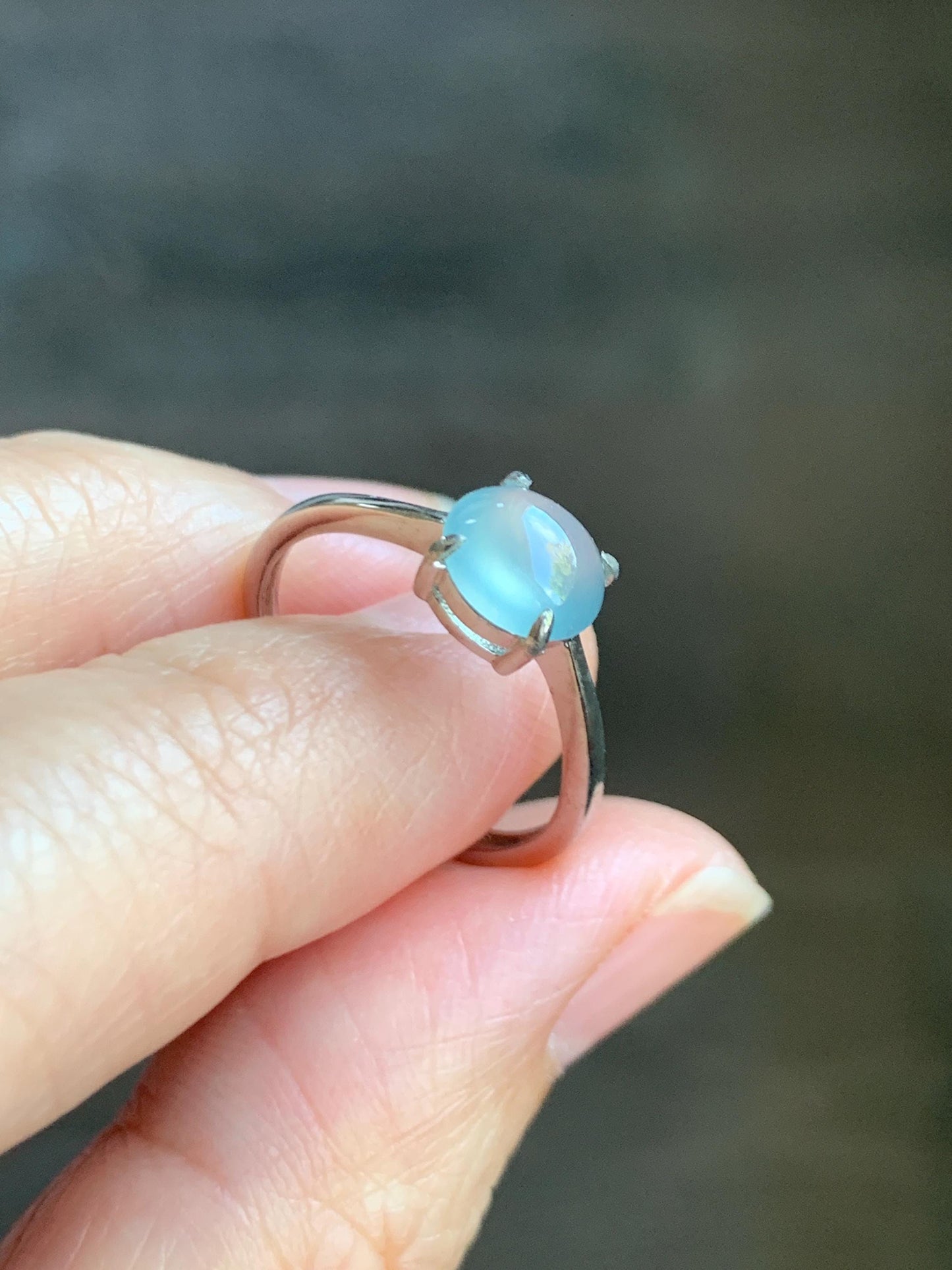 Natural Grade A Guatemalan Icy Highly Translucent Light Blue Jade Jadeite Solitaire Ring Sterling Silver Size Adjustable 天然高冰危蓝翡翠银镶戒指 GBL88