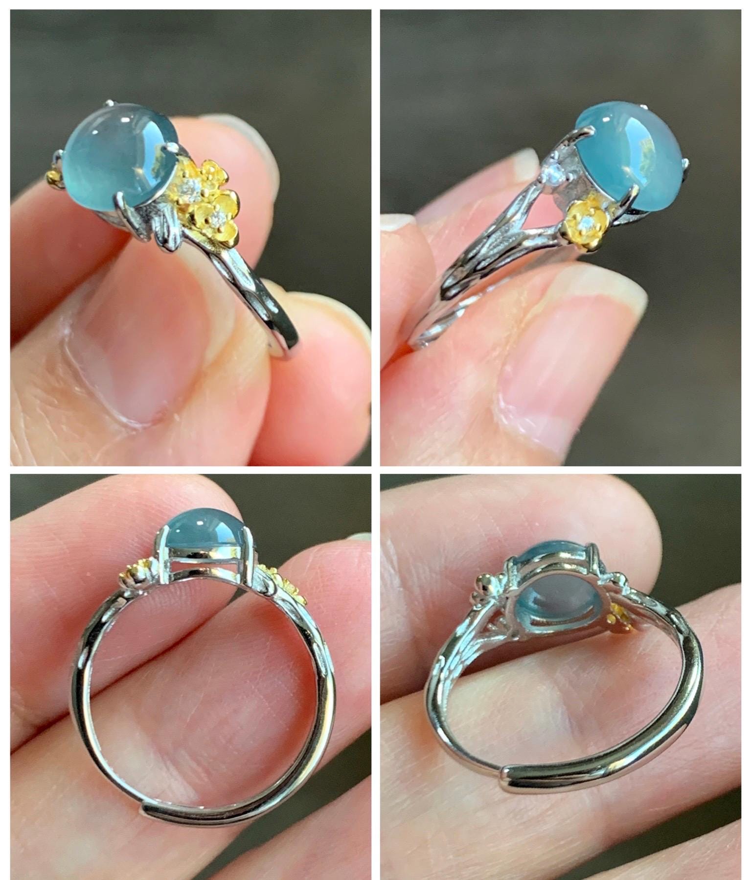 Natural Guatemalan Icy Highly Translucent Blue Jade Jadeite Cherry Blossom Branch Ring Sterling Silver Adjustable 天然冰危蓝起光翡翠梅花枝戒指 MH203C