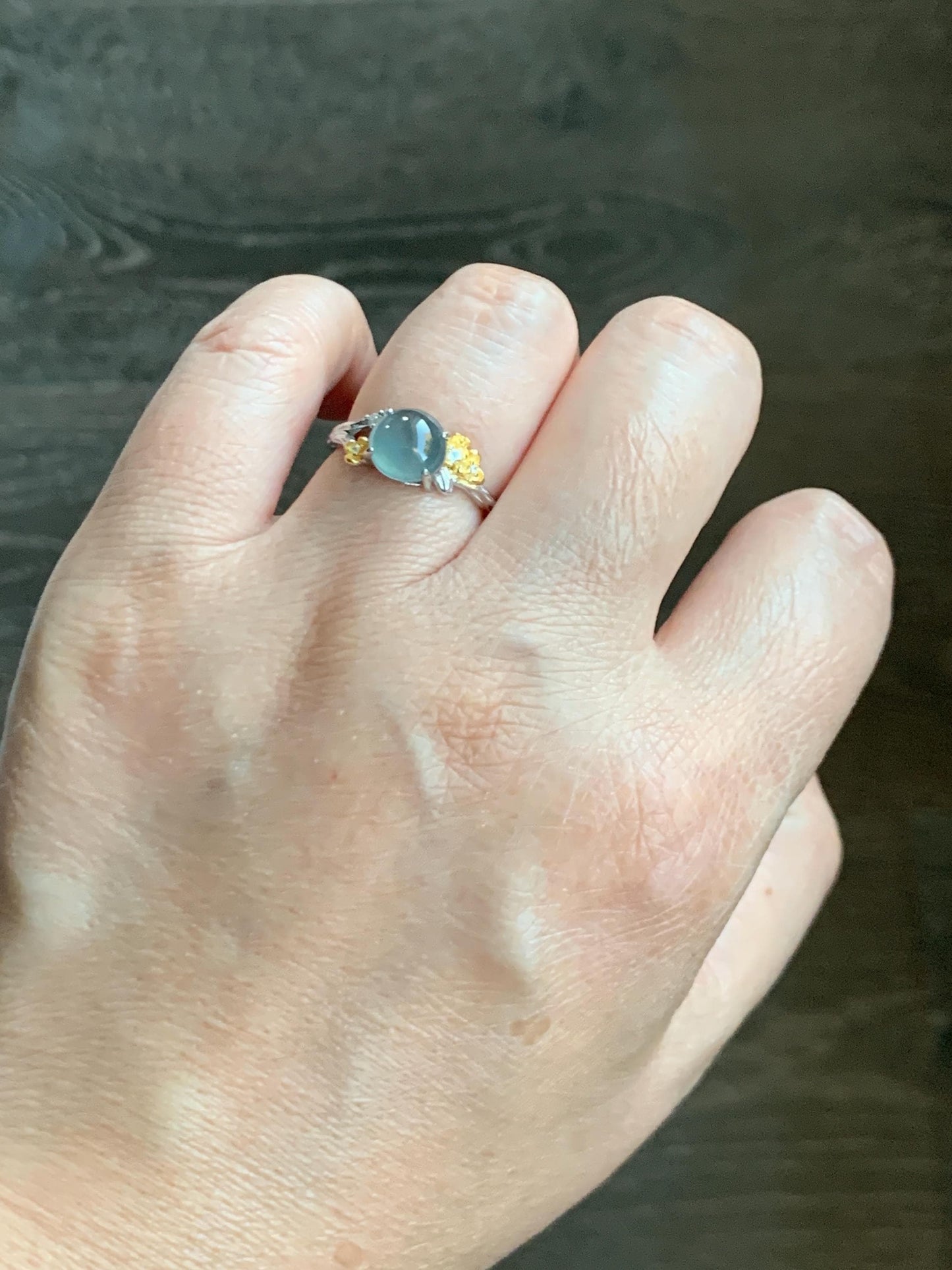 Natural Guatemalan Icy Highly Translucent Blue Jade Jadeite Cherry Blossom Branch Ring Sterling Silver Adjustable 天然冰危蓝起光翡翠梅花枝戒指 MH203C