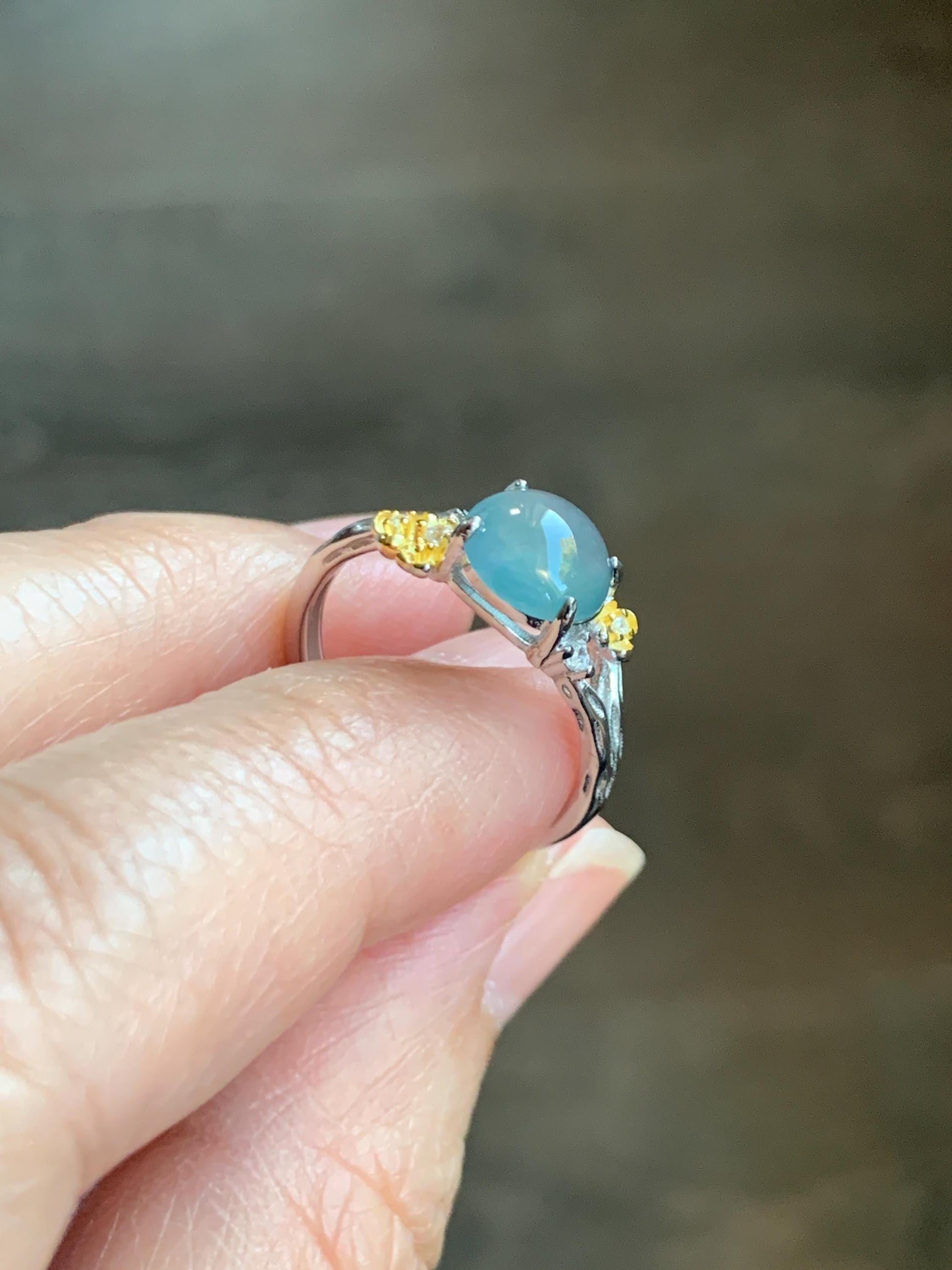 Natural Guatemalan Icy Highly Translucent Blue Jade Jadeite Cherry Blossom Branch Ring Sterling Silver Adjustable 天然冰危蓝起光翡翠梅花枝戒指 MH203C