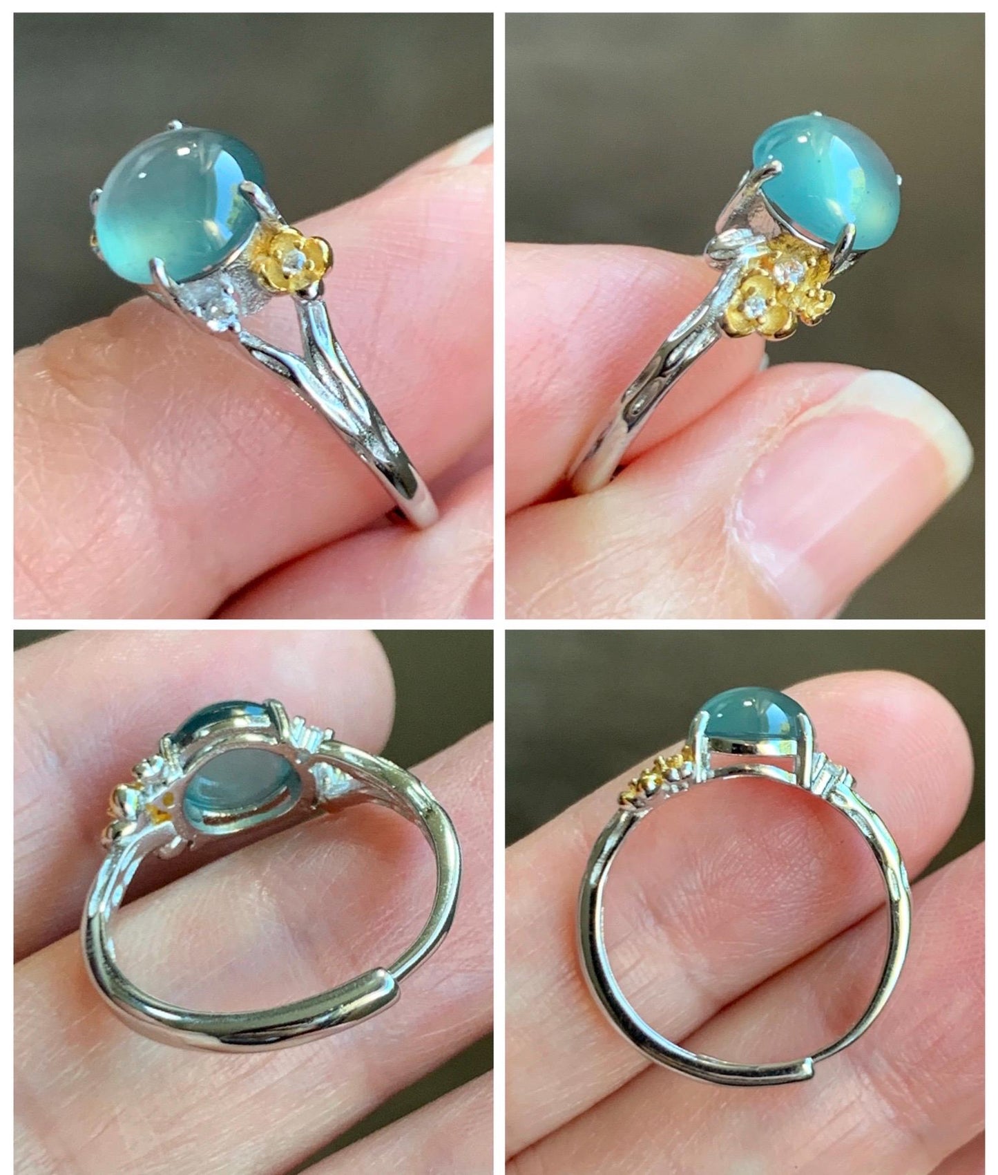 Natural Guatemalan Icy Highly Translucent Teal Jade Jadeite Cherry Blossom Branch Ring Sterling Silver Adjustable 天然冰危蓝绿起光翡翠梅花枝戒指 MH203B