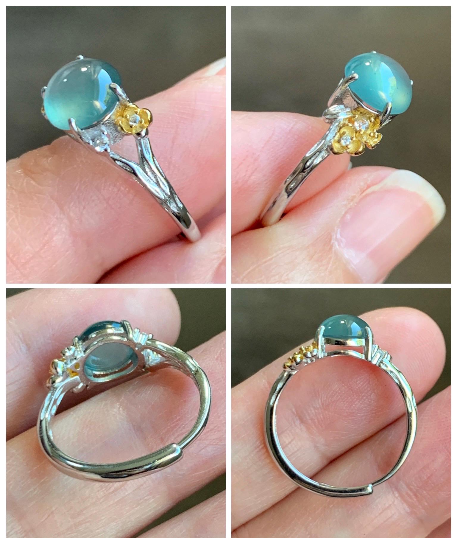 Natural Guatemalan Icy Highly Translucent Teal Jade Jadeite Cherry Blossom Branch Ring Sterling Silver Adjustable 天然冰危蓝绿起光翡翠梅花枝戒指 MH203B