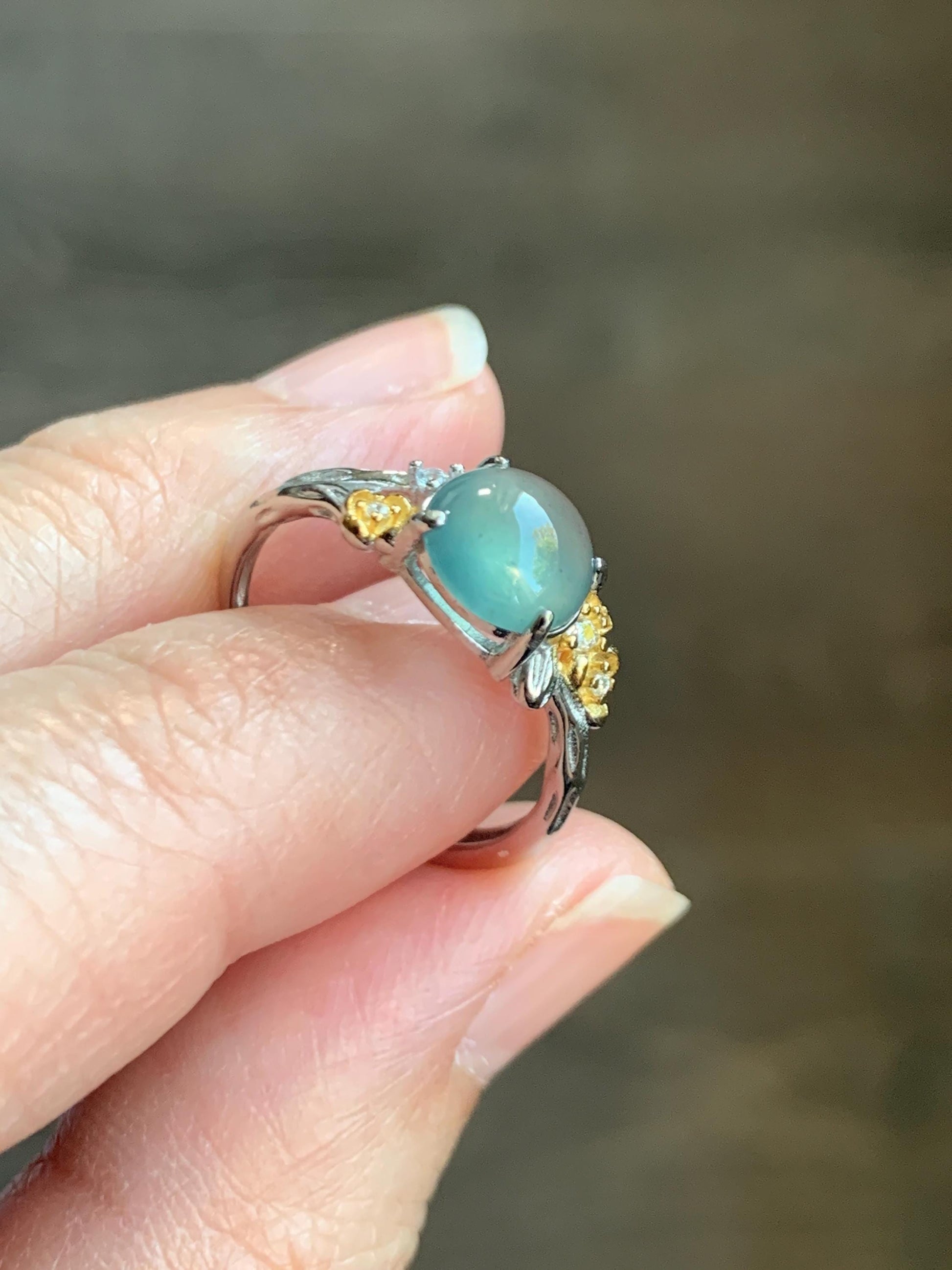 Natural Guatemalan Icy Highly Translucent Teal Jade Jadeite Cherry Blossom Branch Ring Sterling Silver Adjustable 天然冰危蓝绿起光翡翠梅花枝戒指 MH203B