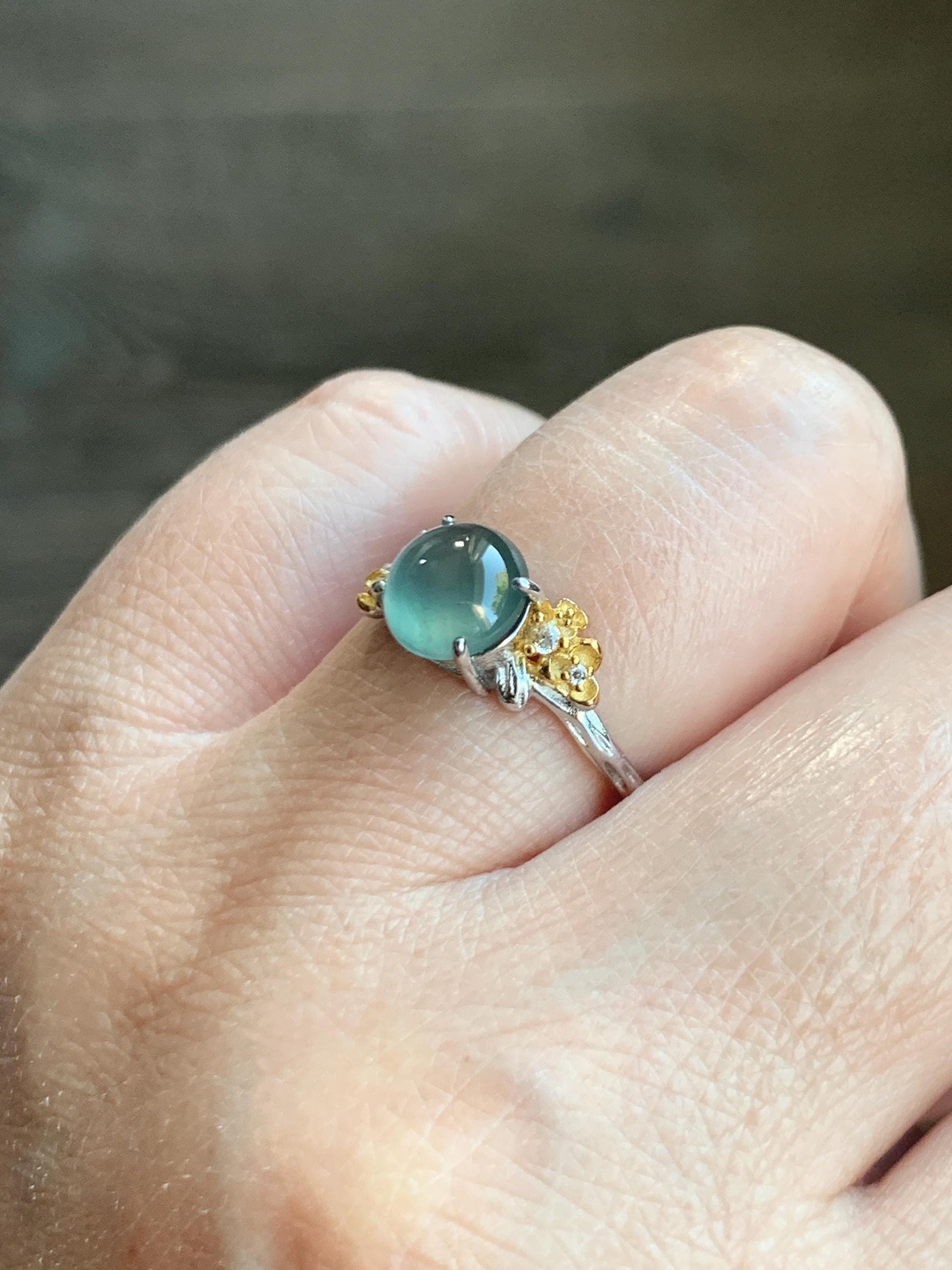 Natural Guatemalan Icy Highly Translucent Teal Jade Jadeite Cherry Blossom Branch Ring Sterling Silver Adjustable 天然冰危蓝绿起光翡翠梅花枝戒指 MH203B