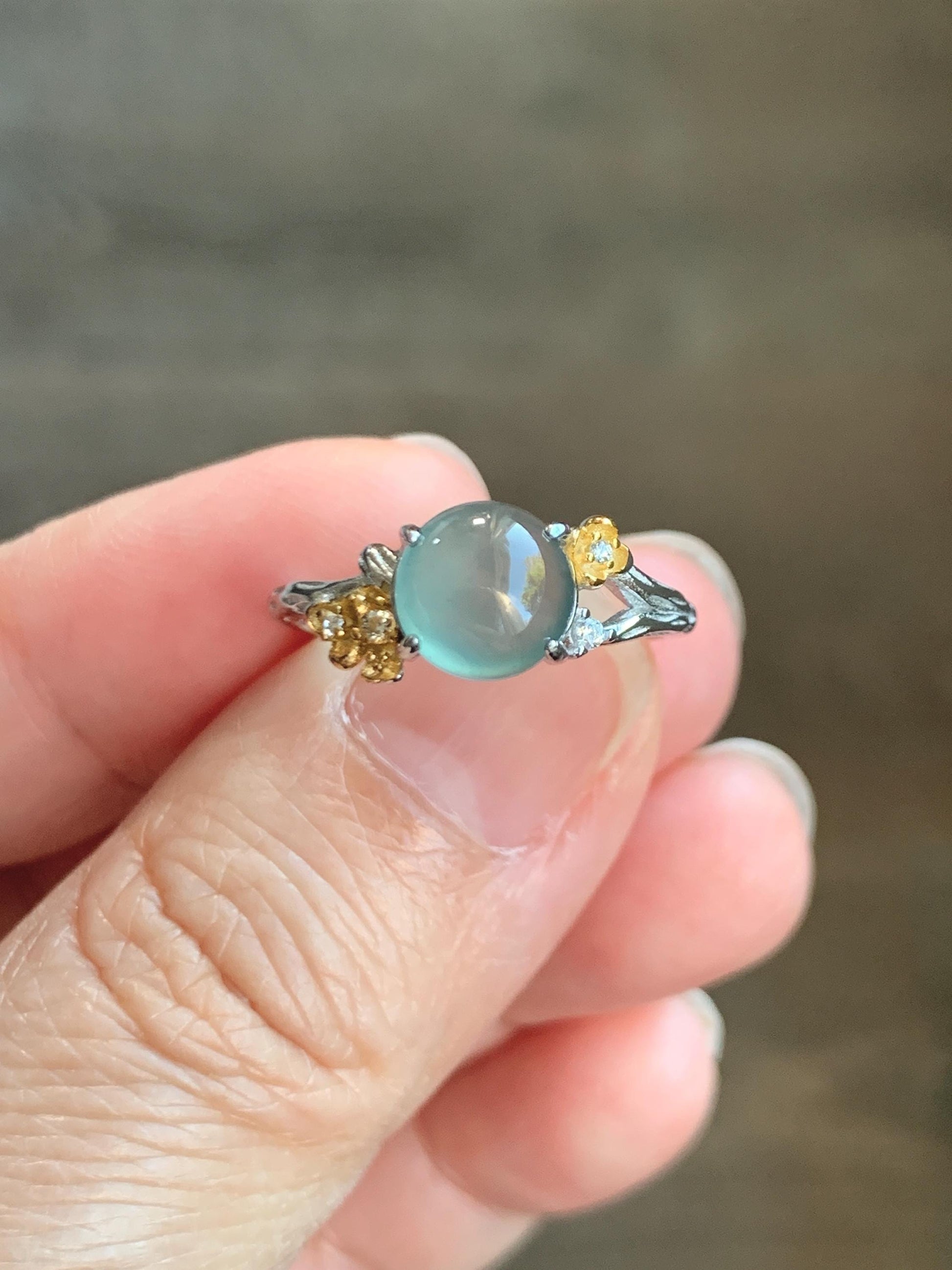 Natural Guatemalan Icy Highly Translucent Teal Jade Jadeite Cherry Blossom Branch Ring Sterling Silver Adjustable 天然冰危蓝绿起光翡翠梅花枝戒指 MH203B