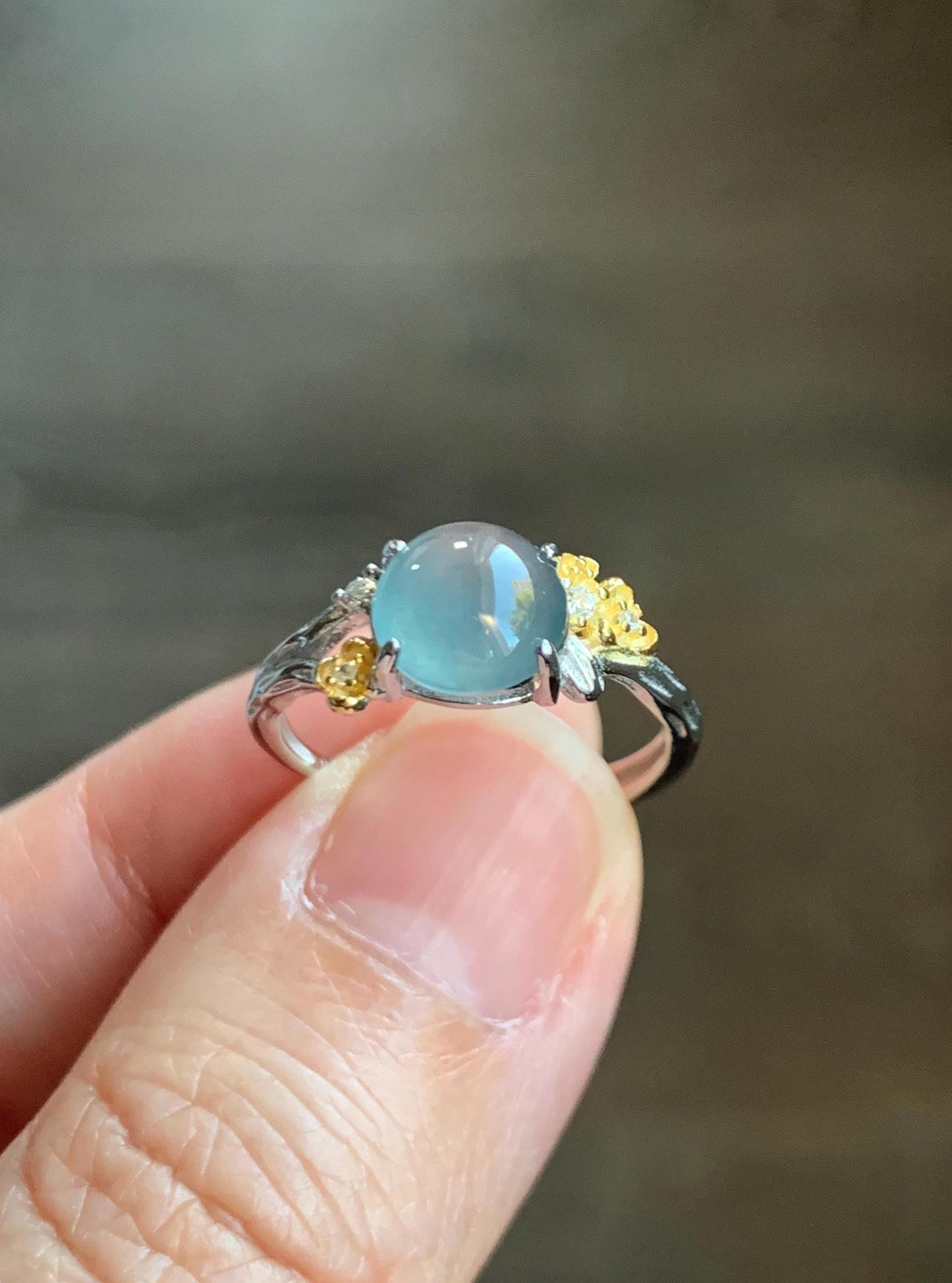 Natural Guatemalan Icy Highly Translucent Blue Jade Jadeite Cherry Blossom Branch Ring Sterling Silver Adjustable 天然冰危蓝起光翡翠梅花枝戒指 MH203C