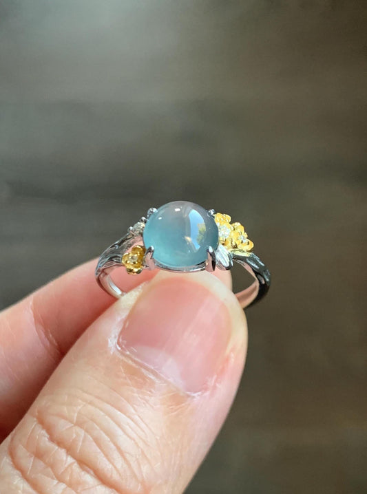 Natural Guatemalan Icy Highly Translucent Blue Jade Jadeite Cherry Blossom Branch Ring Sterling Silver Adjustable 天然冰危蓝起光翡翠梅花枝戒指 MH203C