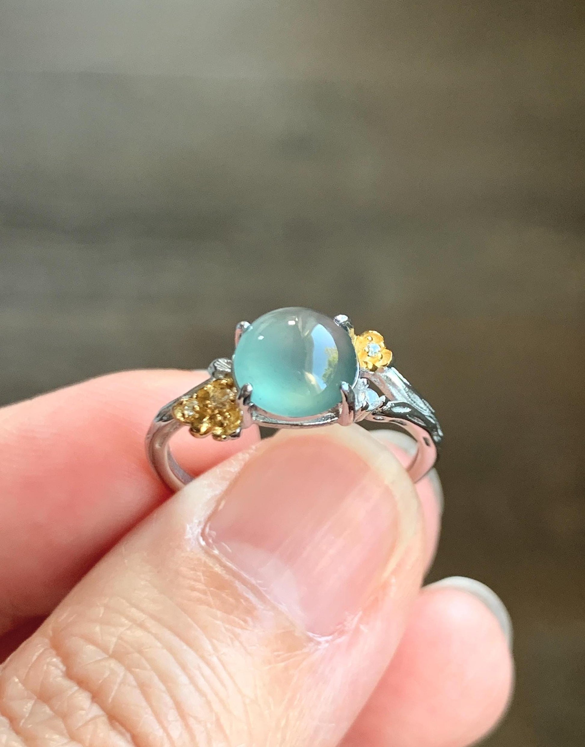 Natural Guatemalan Icy Highly Translucent Teal Jade Jadeite Cherry Blossom Branch Ring Sterling Silver Adjustable 天然冰危蓝绿起光翡翠梅花枝戒指 MH203B