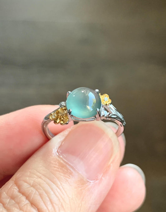 Natural Guatemalan Icy Highly Translucent Teal Jade Jadeite Cherry Blossom Branch Ring Sterling Silver Adjustable 天然冰危蓝绿起光翡翠梅花枝戒指 MH203B