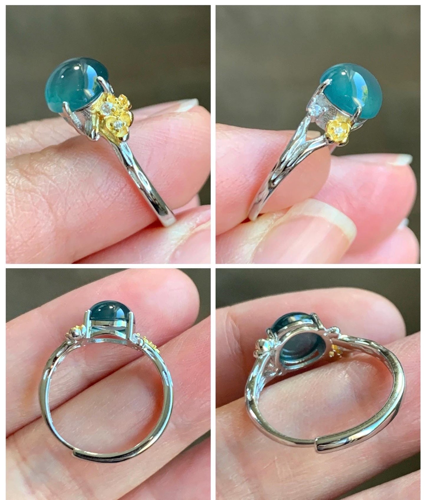 Natural Guatemalan Icy Highly Translucent Teal Jade Jadeite Cherry Blossom Branch Ring Sterling Silver Adjustable 天然冰危深蓝起光翡翠梅花枝戒指 MH203A