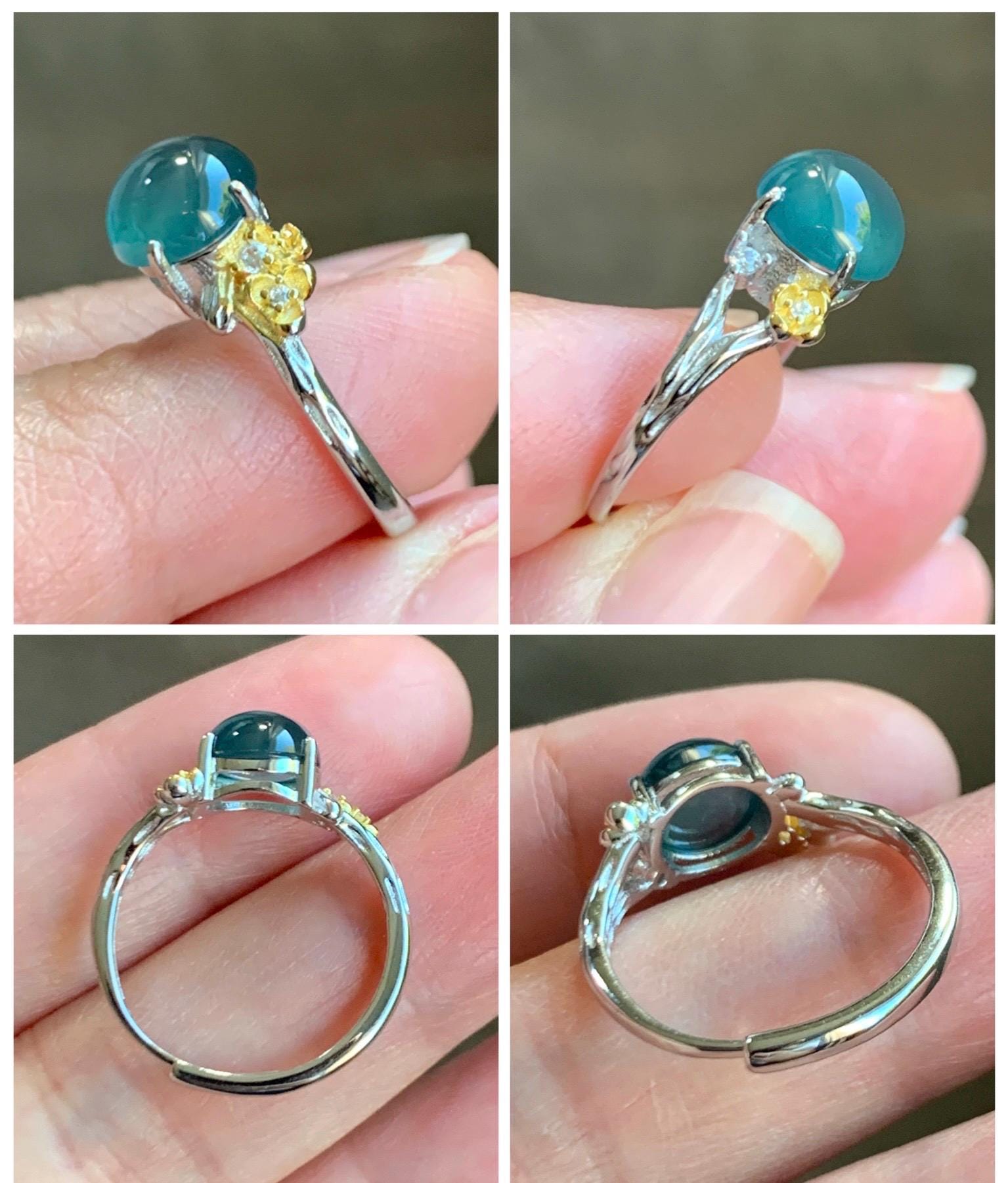 Natural Guatemalan Icy Highly Translucent Teal Jade Jadeite Cherry Blossom Branch Ring Sterling Silver Adjustable 天然冰危深蓝起光翡翠梅花枝戒指 MH203A