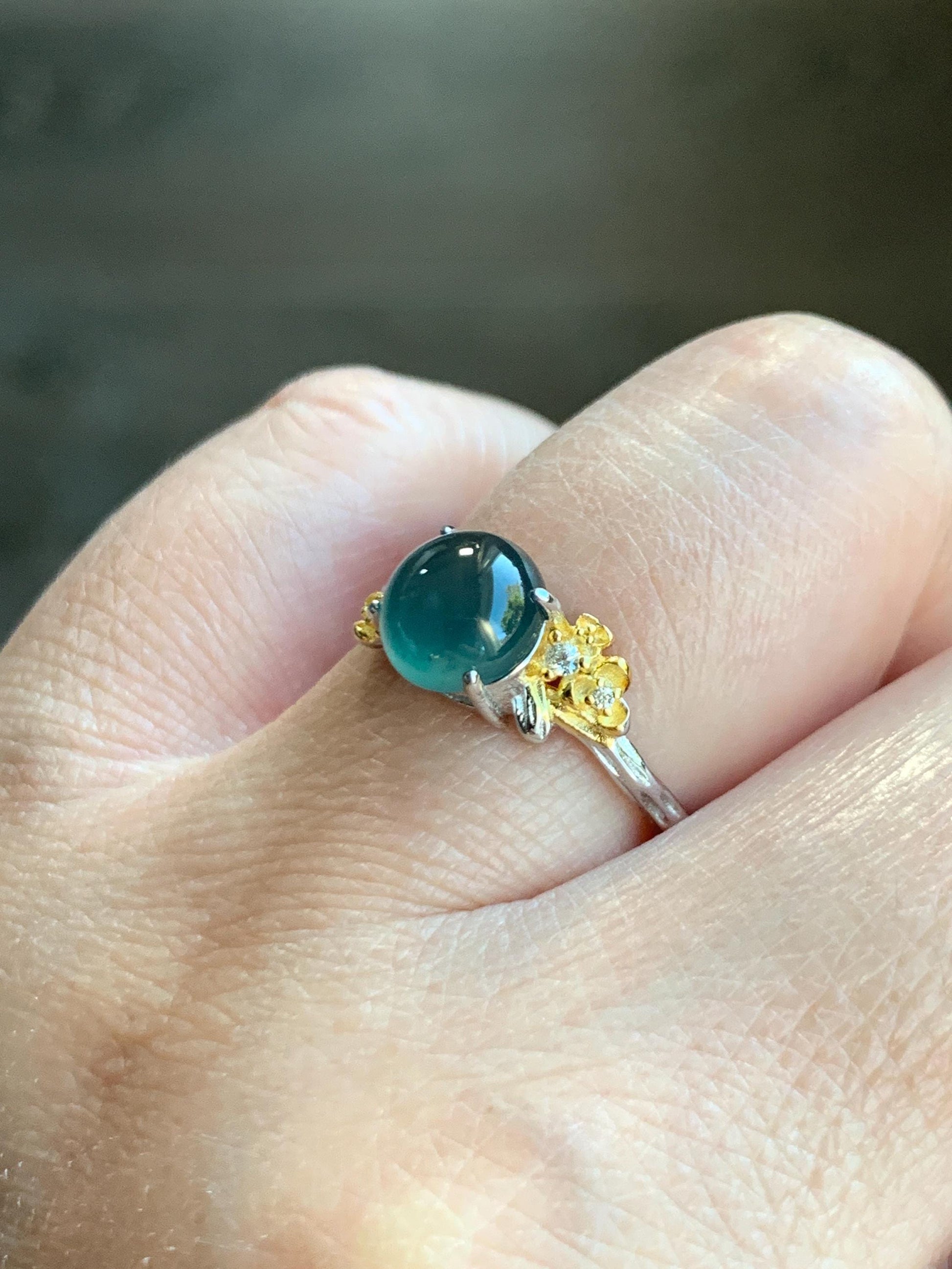 Natural Guatemalan Icy Highly Translucent Teal Jade Jadeite Cherry Blossom Branch Ring Sterling Silver Adjustable 天然冰危深蓝起光翡翠梅花枝戒指 MH203A