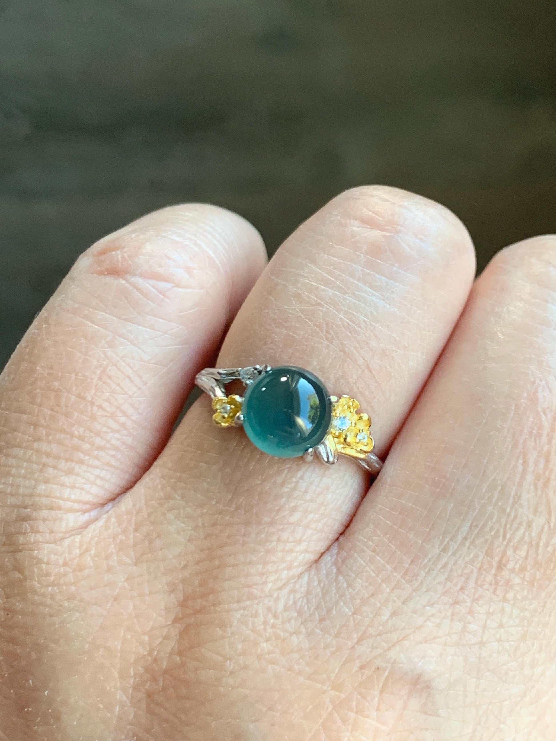 Natural Guatemalan Icy Highly Translucent Teal Jade Jadeite Cherry Blossom Branch Ring Sterling Silver Adjustable 天然冰危深蓝起光翡翠梅花枝戒指 MH203A