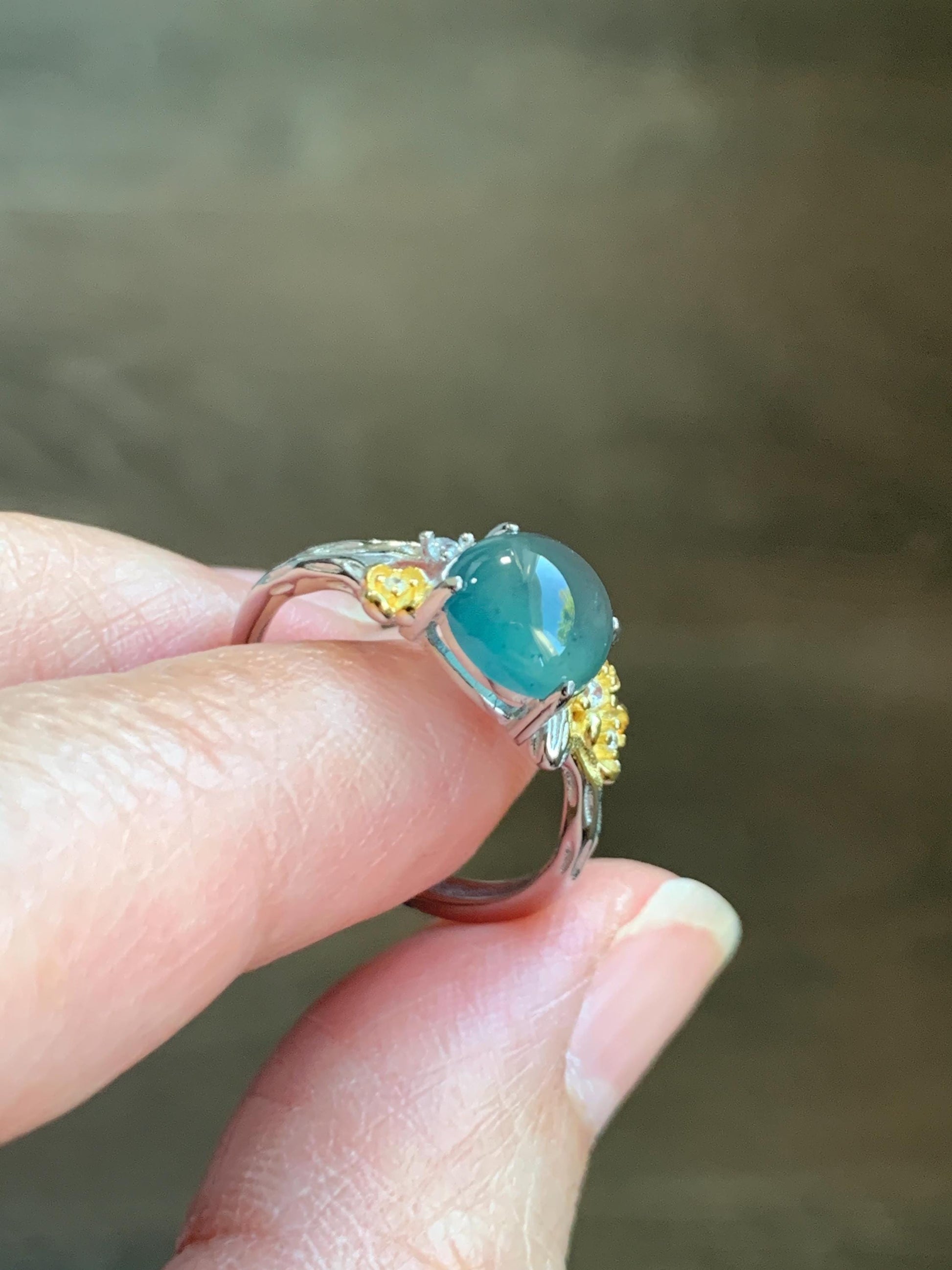 Natural Guatemalan Icy Highly Translucent Teal Jade Jadeite Cherry Blossom Branch Ring Sterling Silver Adjustable 天然冰危深蓝起光翡翠梅花枝戒指 MH203A