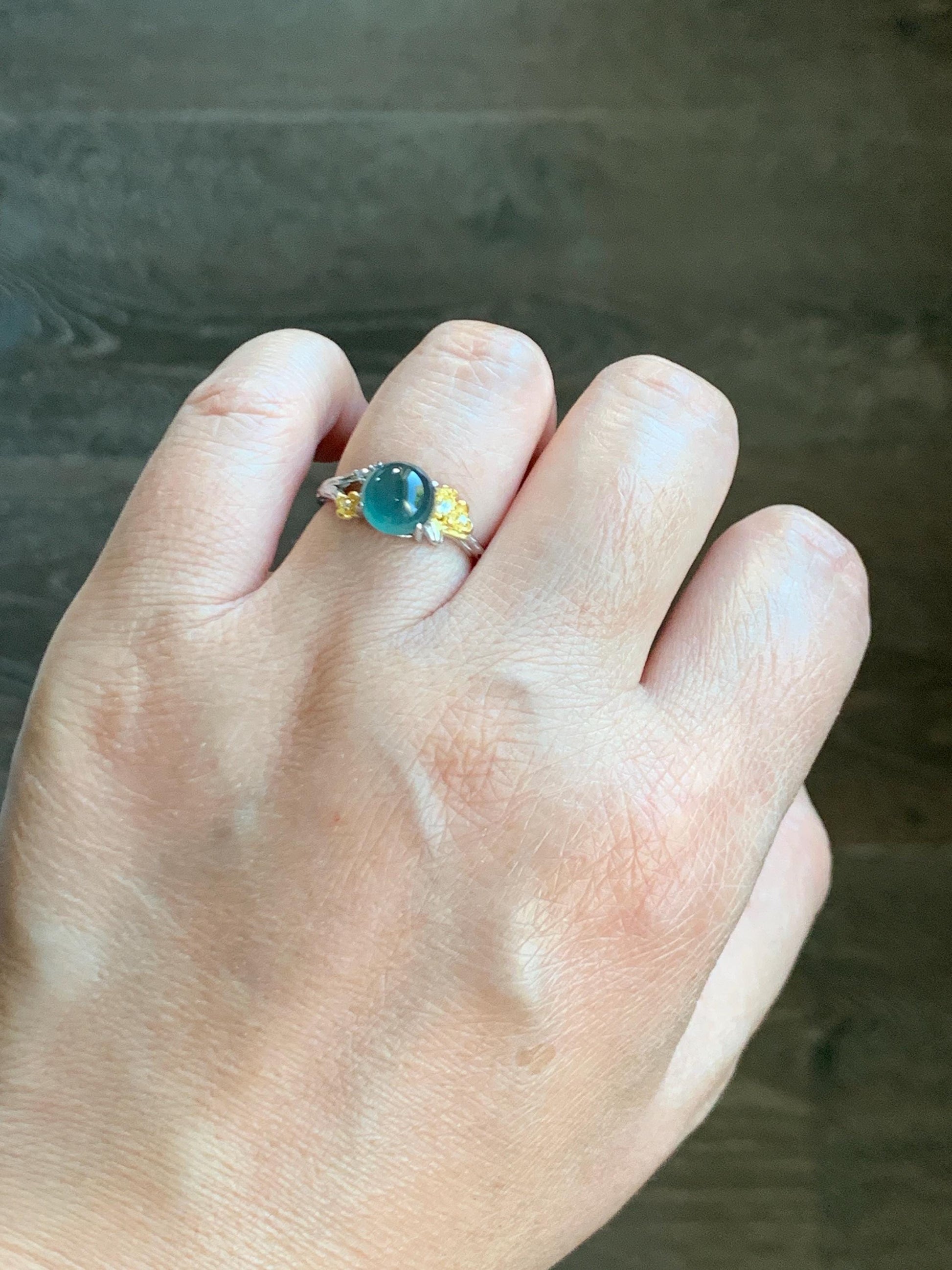 Natural Guatemalan Icy Highly Translucent Teal Jade Jadeite Cherry Blossom Branch Ring Sterling Silver Adjustable 天然冰危深蓝起光翡翠梅花枝戒指 MH203A